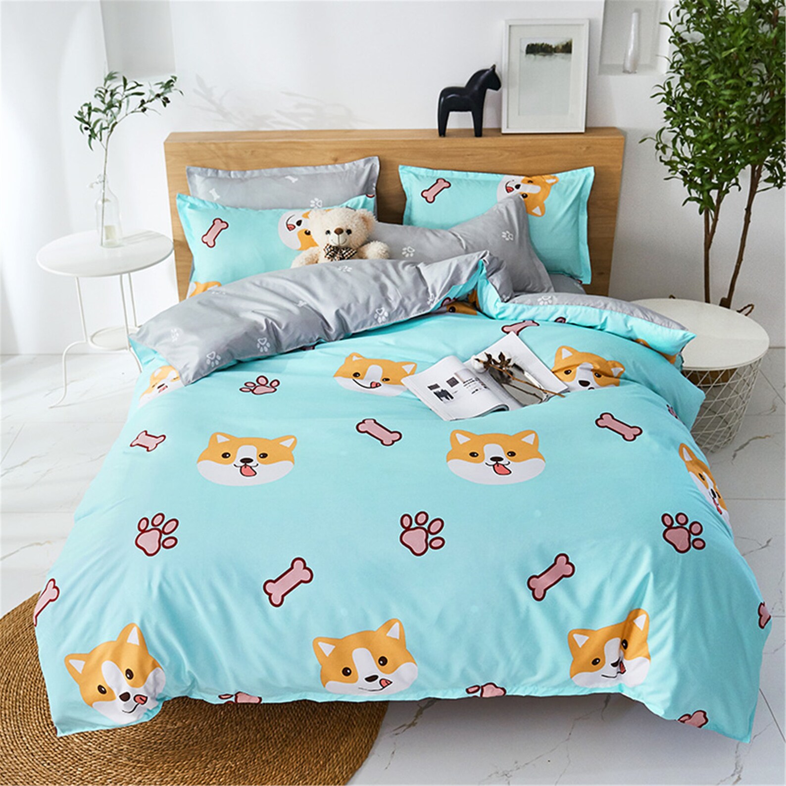 Double Side Sky Blue Dog Print Duvet Cover Lovely Bedding Set Etsy