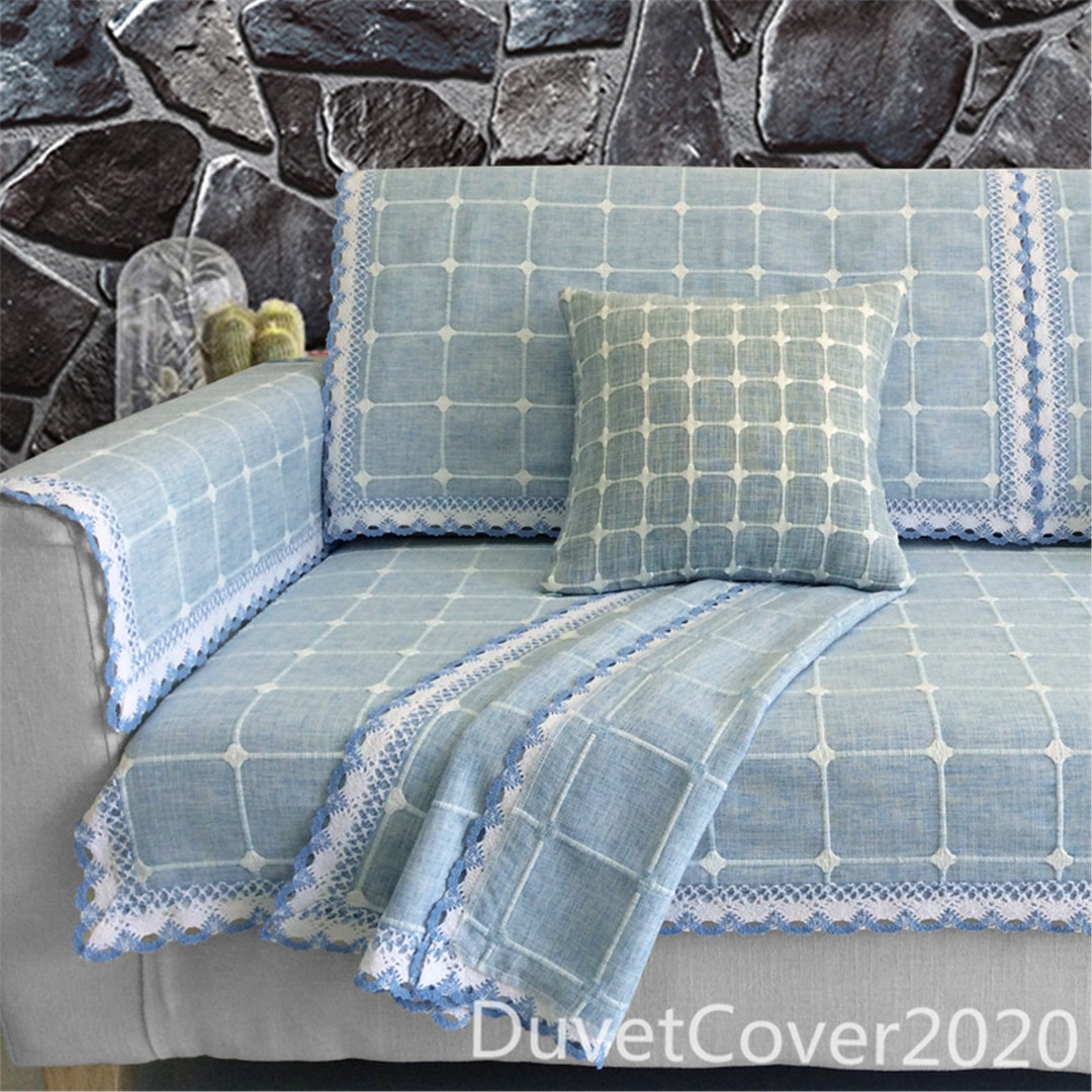 Customized Plaid Couch Cover Linesofa Covers Blue Etsy