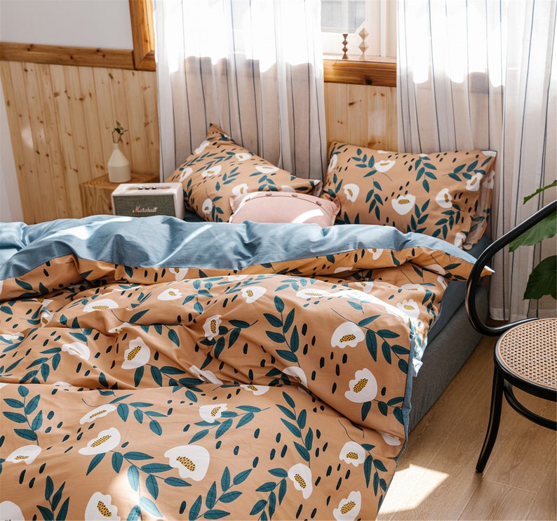 Khaki/blue Floral Duvet Cover Queen Cotton Twin/queen/king Etsy