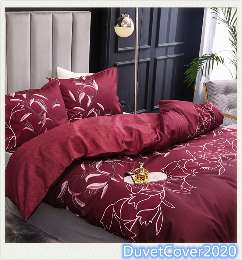 Wine Red Floral Duvet Cover King Queen Twin Duvet Covers Etsy
