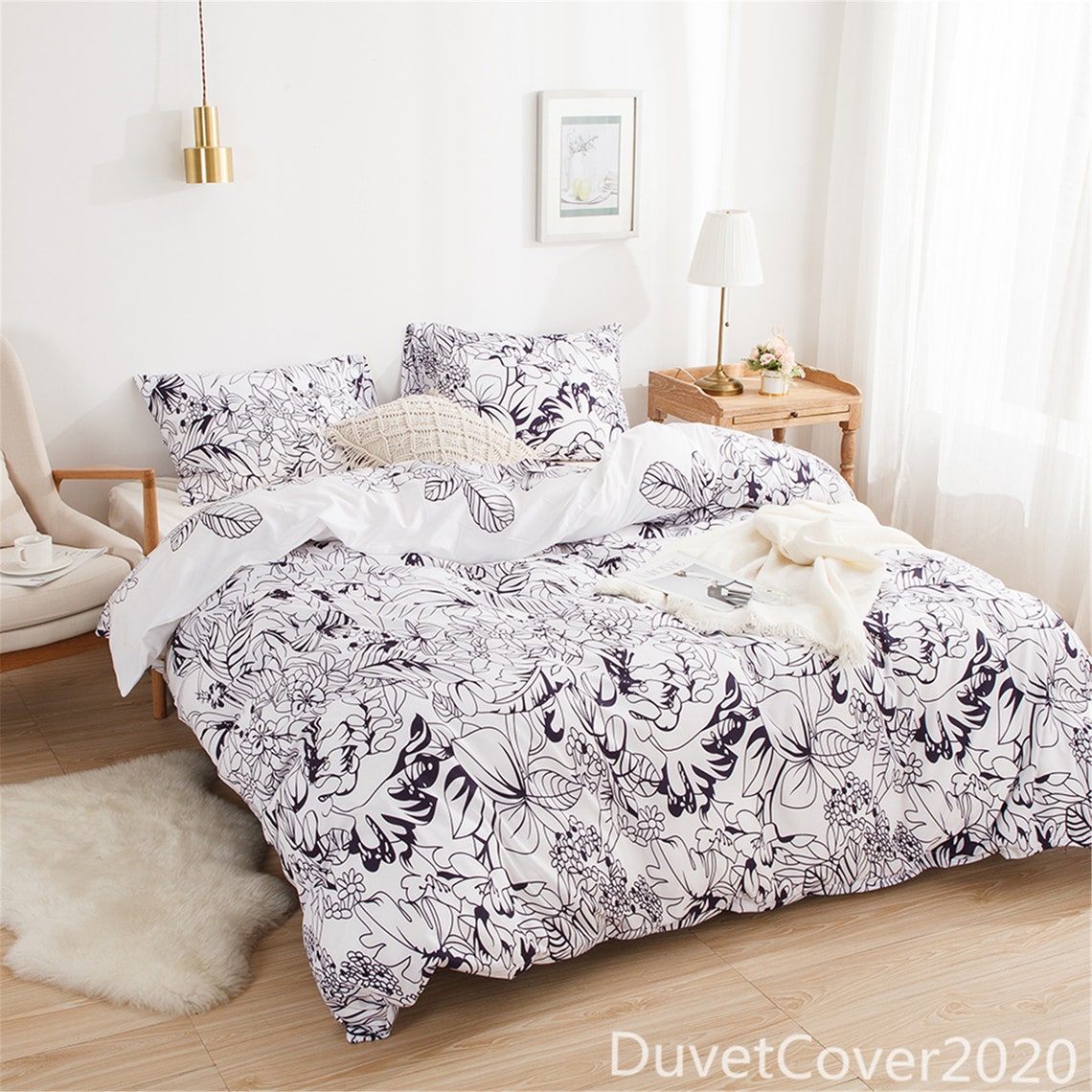 Duvet Cover White Navy Floralduvet Cover Queen Twin Etsy