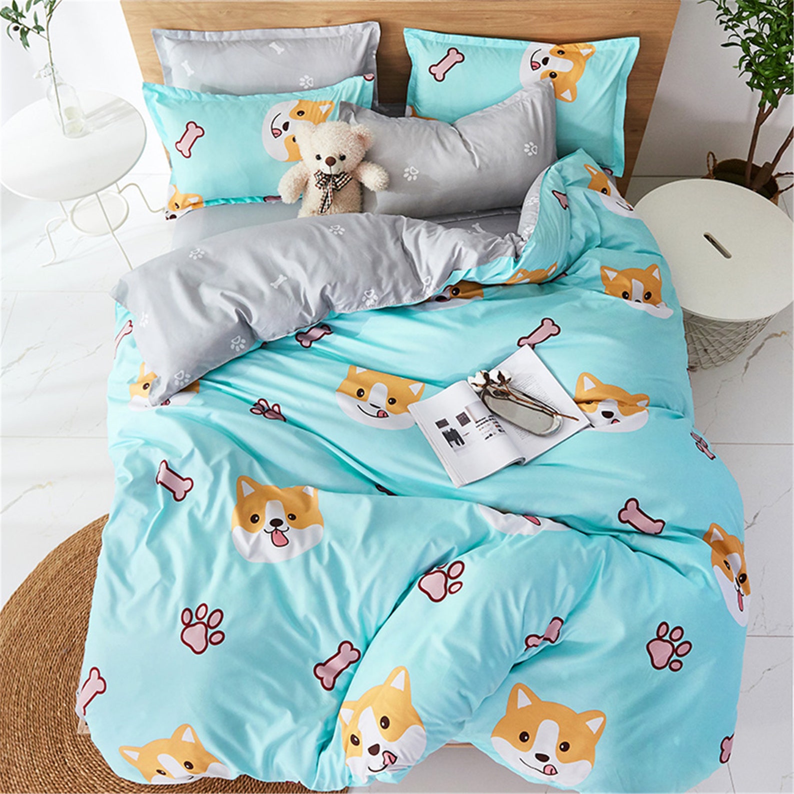 Double Side Sky Blue Dog Print Duvet Cover Lovely Bedding Set Etsy