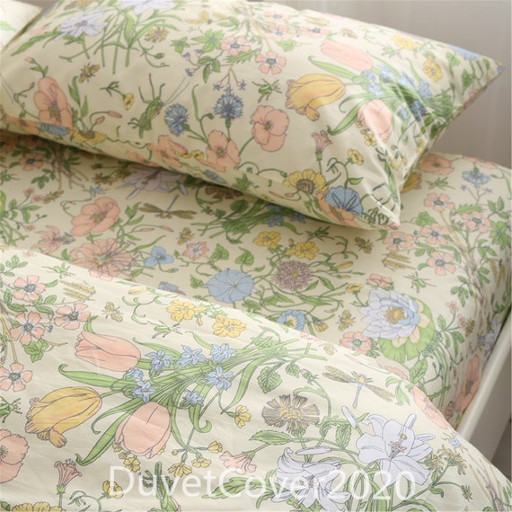 Beige Green Floral Duvet Cover Twin/full/queen/king,100% Cotton Duvet  Covers Bedding Set,quilt Cover Zipper Closure,pillowcase,3 Pc Beddings 