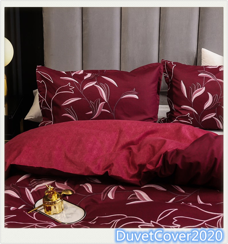 Wine Red Floral Duvet Cover King Queen Twin Duvet Covers Etsy