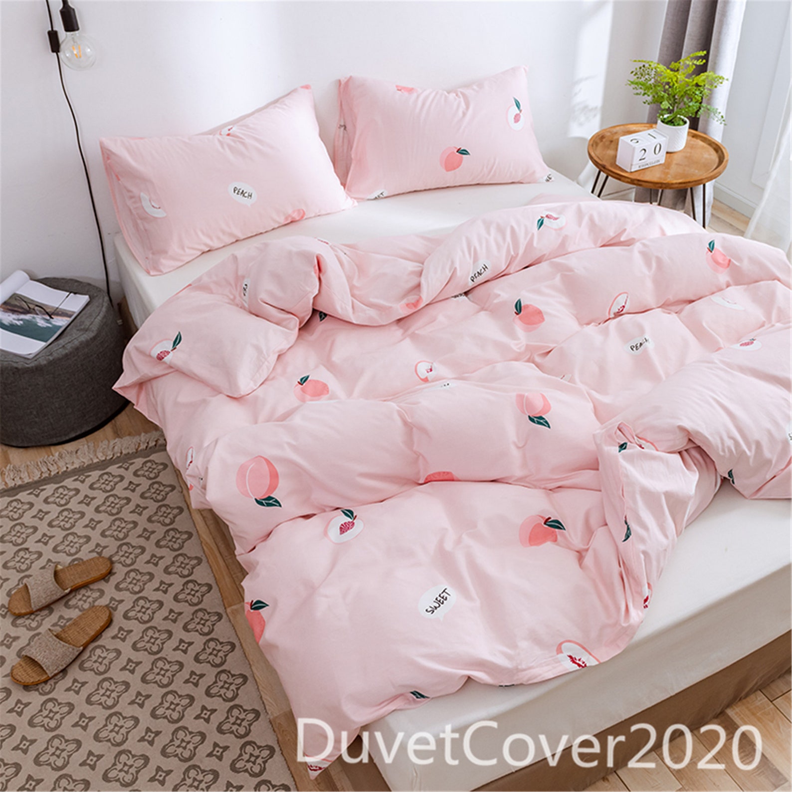 Peach Print Pink Duvet Covers 100 Cotton Duvet Cover Queen Etsy
