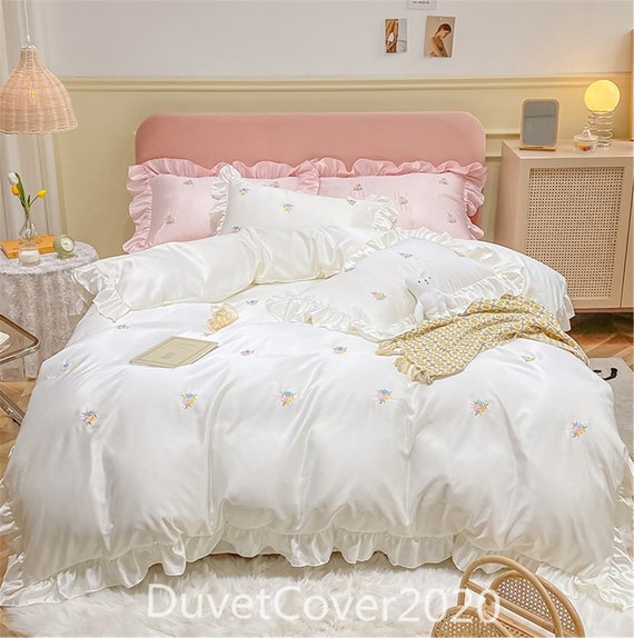 Ivory White/pink Smooth Imitated Silk Duvet Cover Full/queen - Etsy