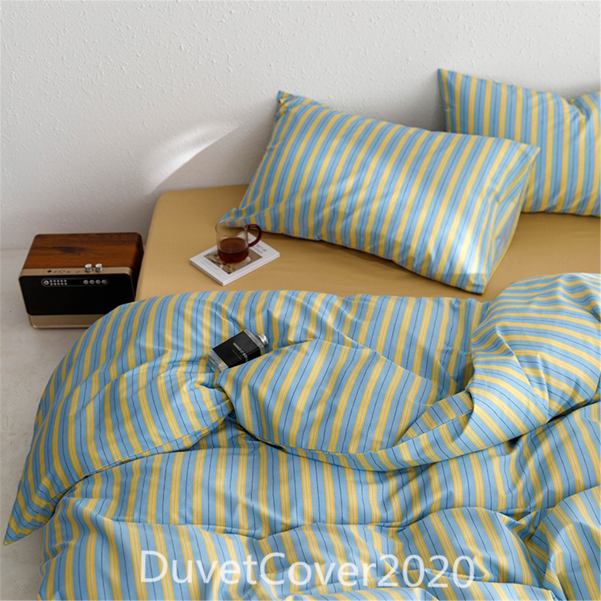Cotton Blue/yellow Striped Duvet Cover Full Queen100 Cotton Etsy