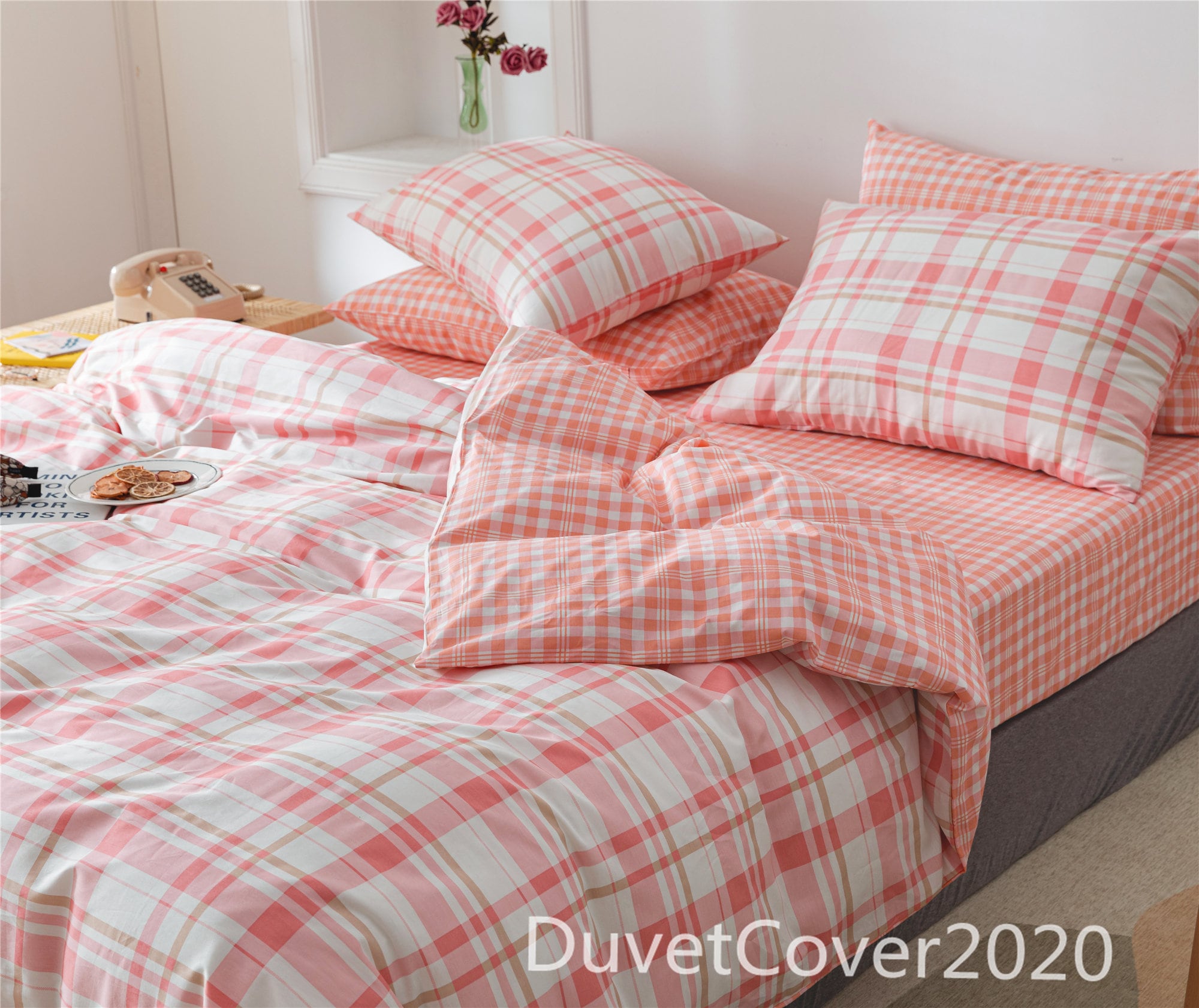 Pink Plaid 100 Cotton Duvet Cover Queen Full Twin King Duvet Etsy