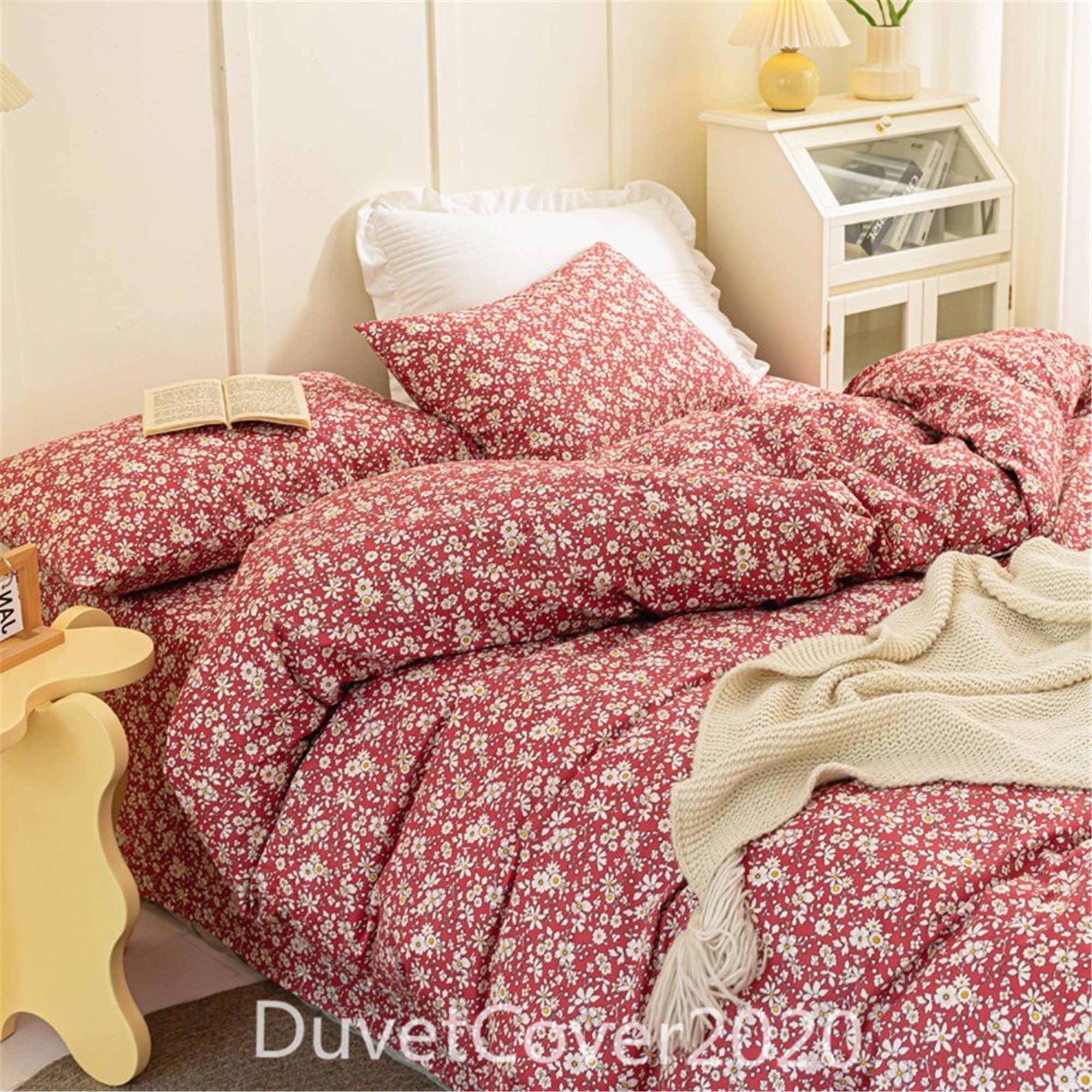 Red Floral Duvet Cover Twin/full/queenbedding Set Etsy