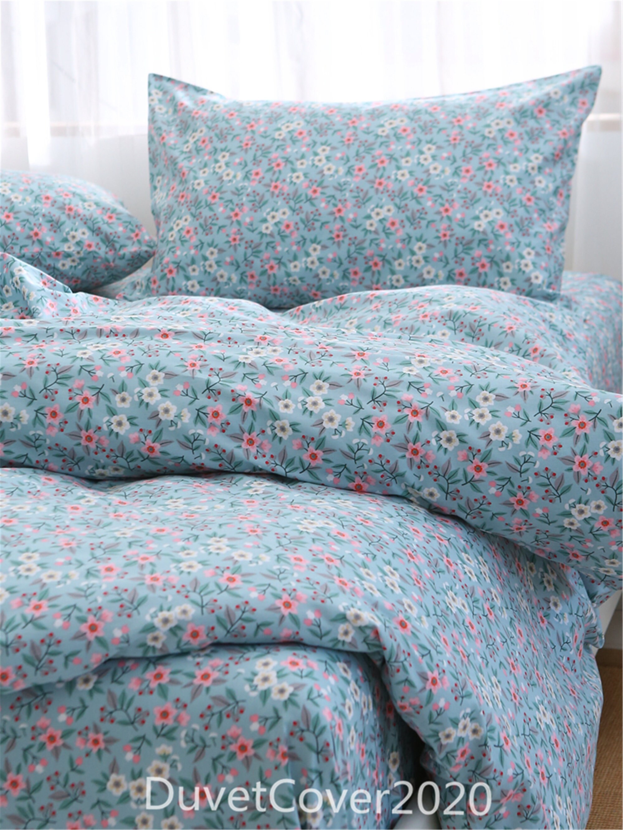 Blue Floral Duvet Cover Twin/full/queen/king With Pink/white Etsy