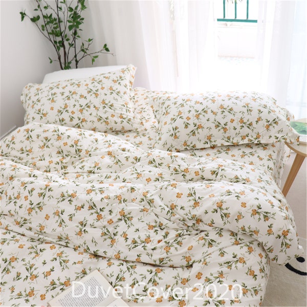 Cream White Floral Duvet Cover Twin Full Queen King With Orange Flowers,100% Cotton Duvet Covers Bedding Set Autumn,Quilt Cover Custom Size