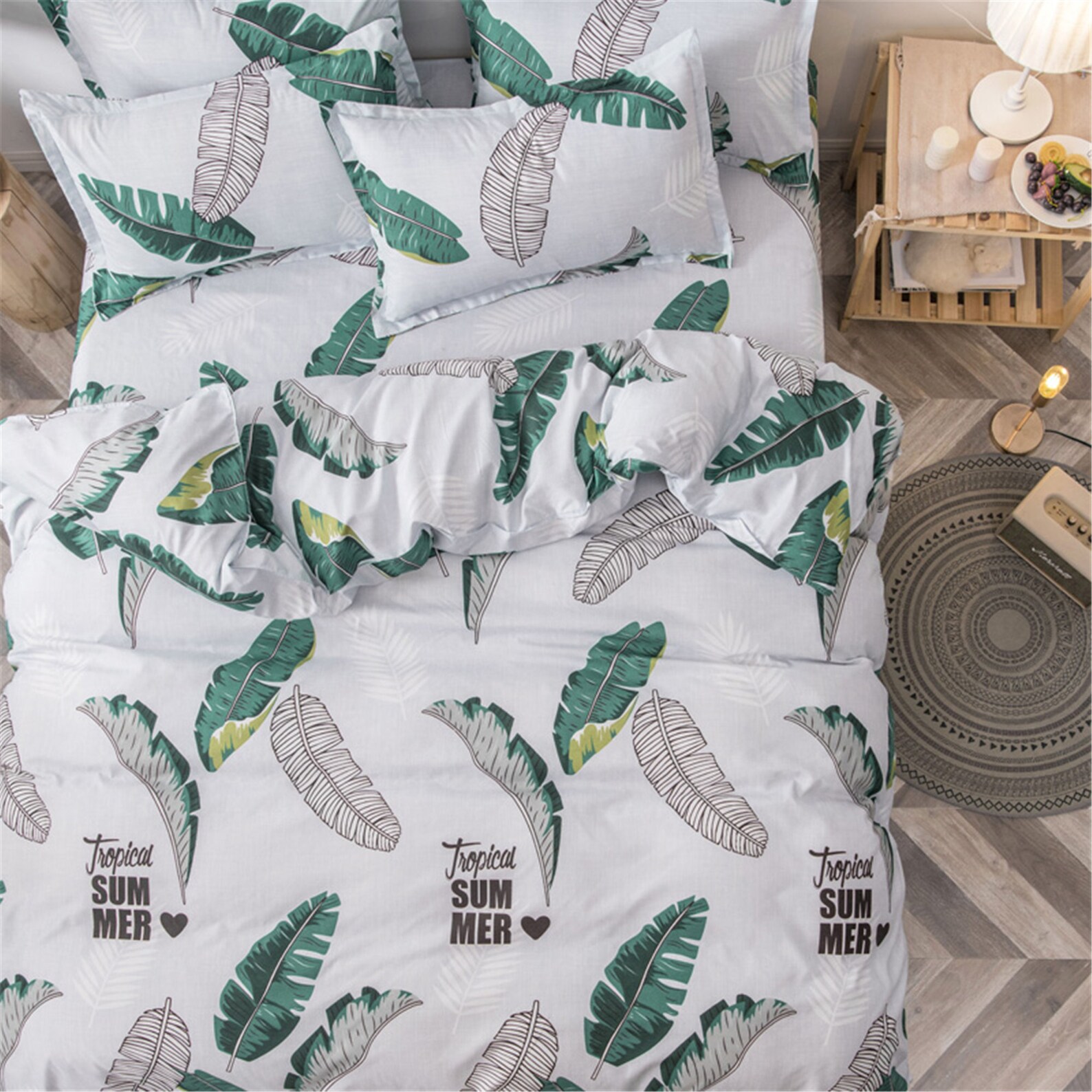 White Duvet Cover Leaf Print Floral Bedding Set King Queen Etsy