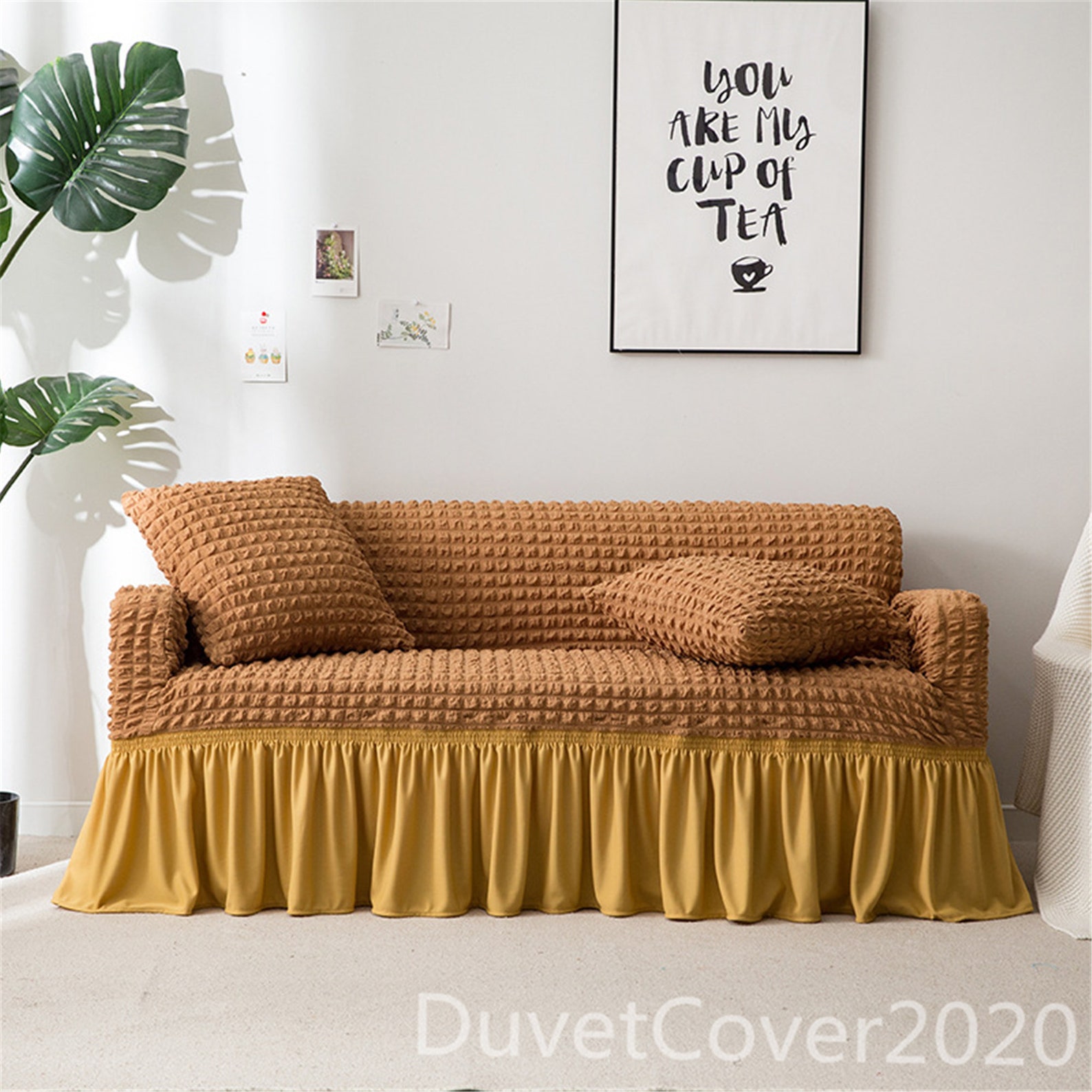 Seersucker Sofa Cover Stretch With SkirtSolid Color Couch Etsy