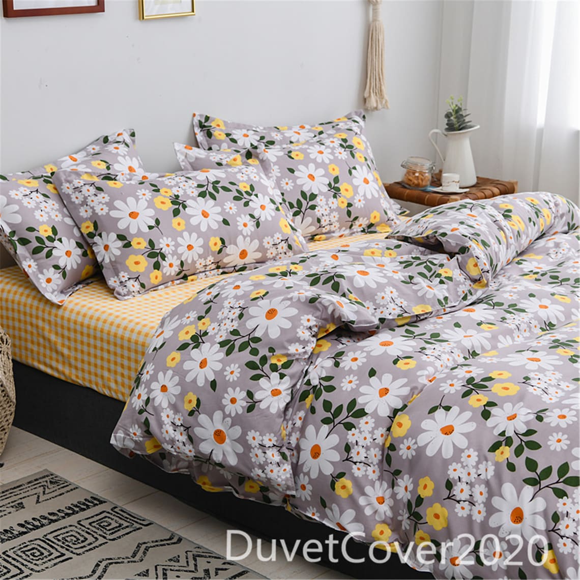 Gray Floral Duvet Cover Queenduvet Covers Etsy