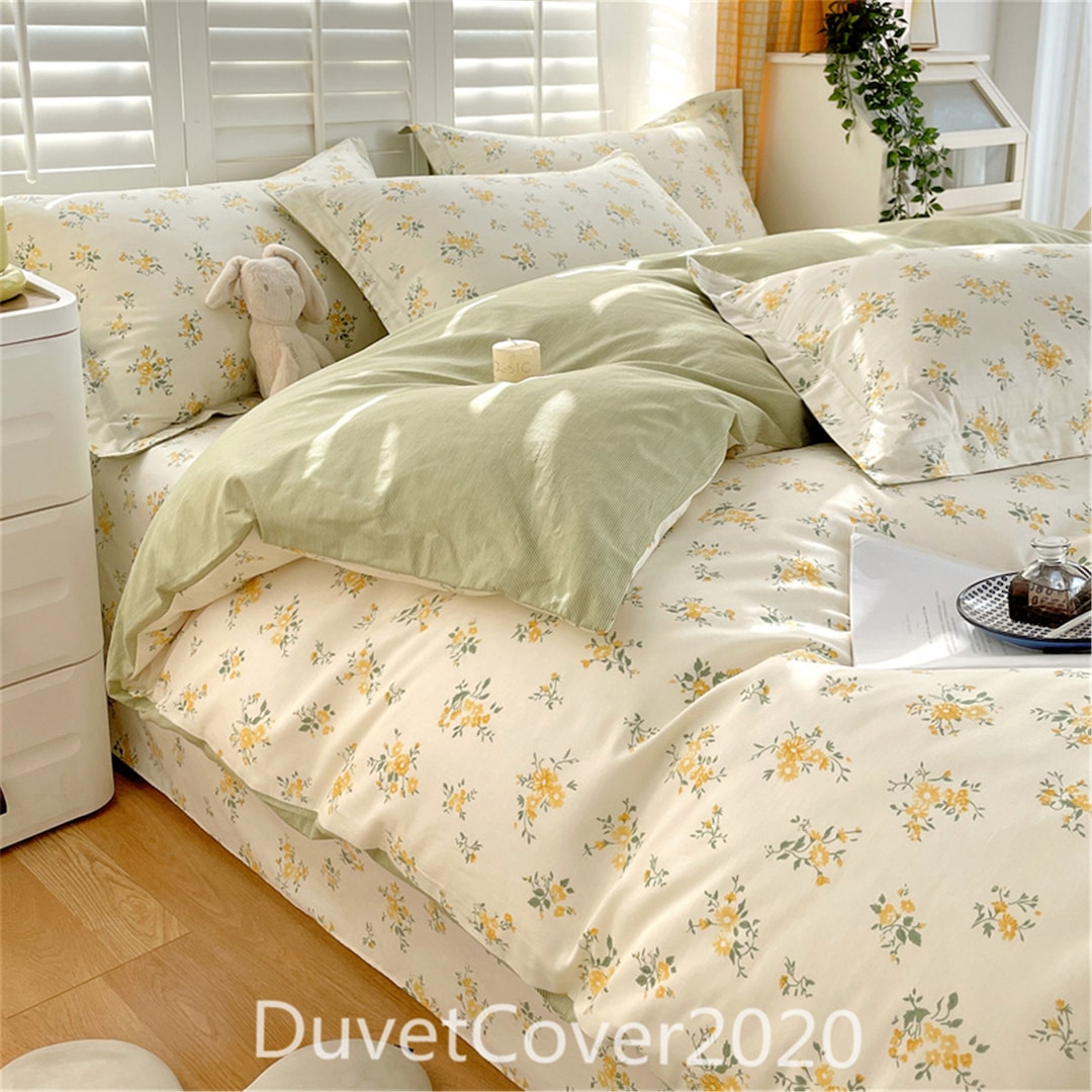 Cotton Beige Floral Green Striped Duvet Cover Queen/twin/full/king,100