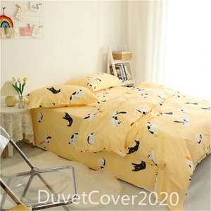 Cute Cat Print Yellow Duvet Covers 100% Cotton Duvet Cover Twin/Full/Queen,Quilt Covers Zipper,Pillowcase,Bed Flat Sheet,Beddings Set Queen