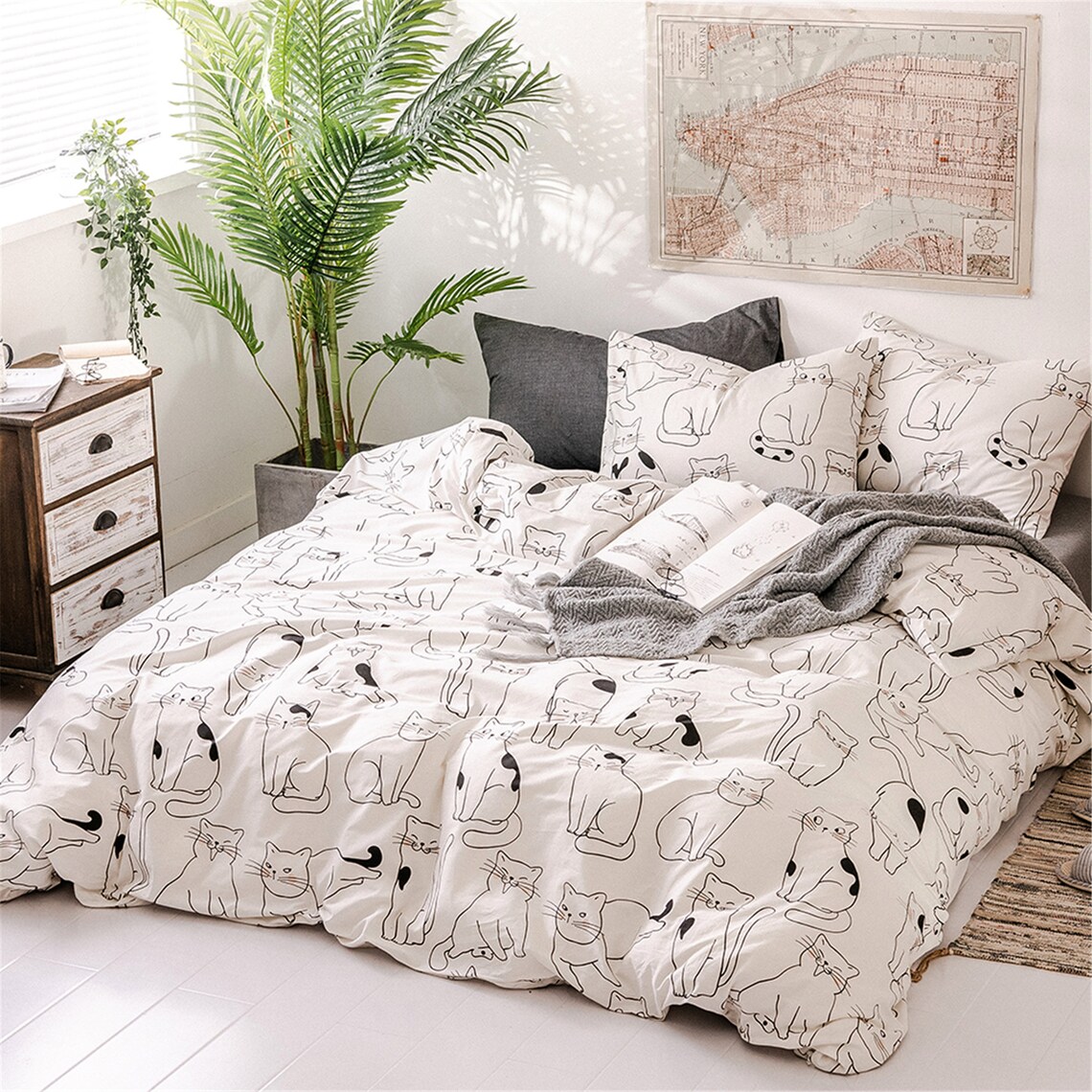 Lovely White Cat Print Duvet Cover 100 Cotton Soft Duvet Etsy