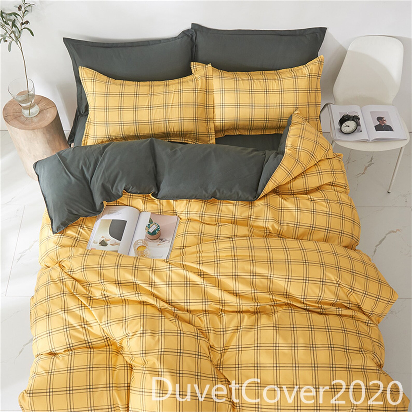 Concise Plaid Duvet Cover Queen Twin Double Gray Yellow Duvet Etsy