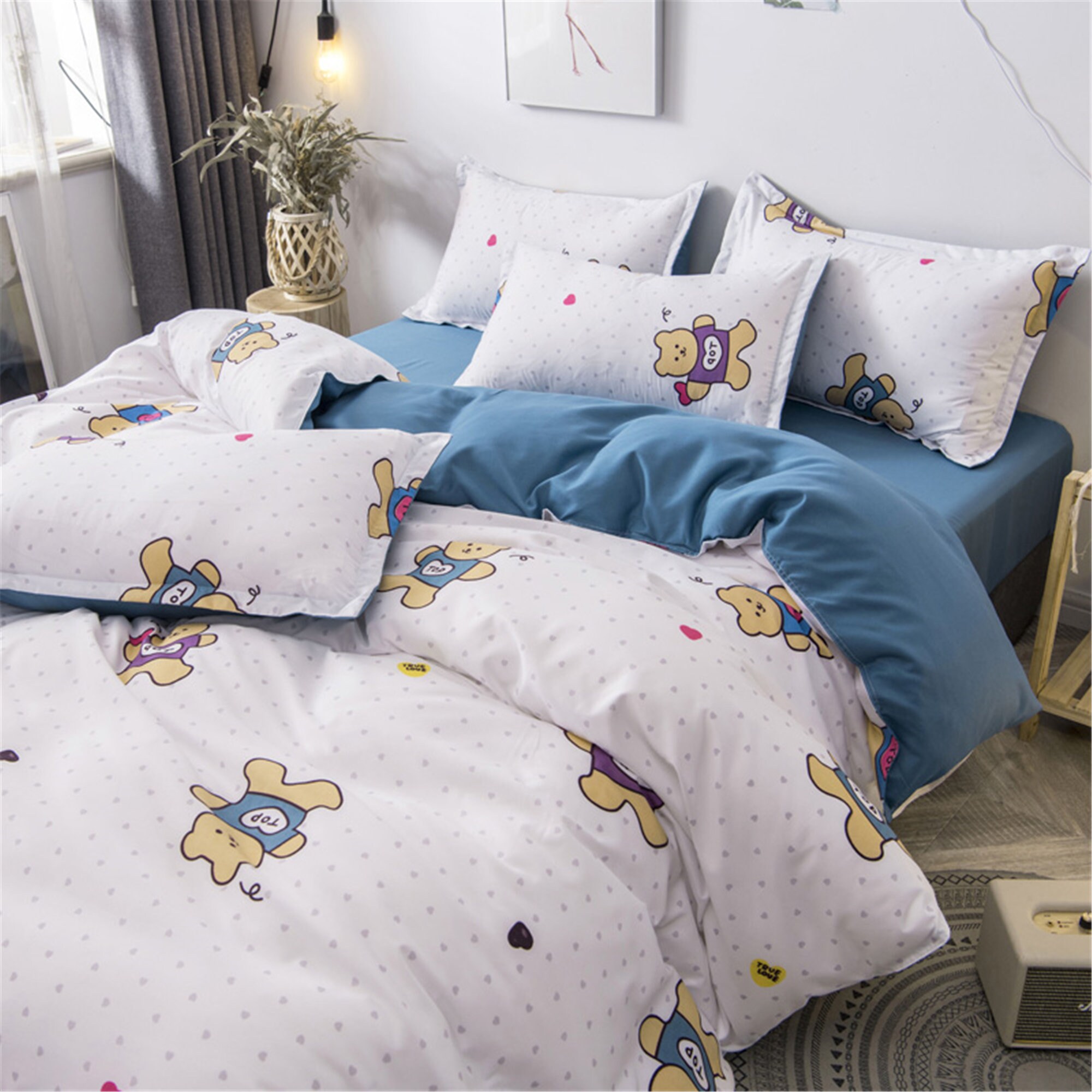 White Lovely Bears Print Duvet Cover Concise Bedding Set King Etsy