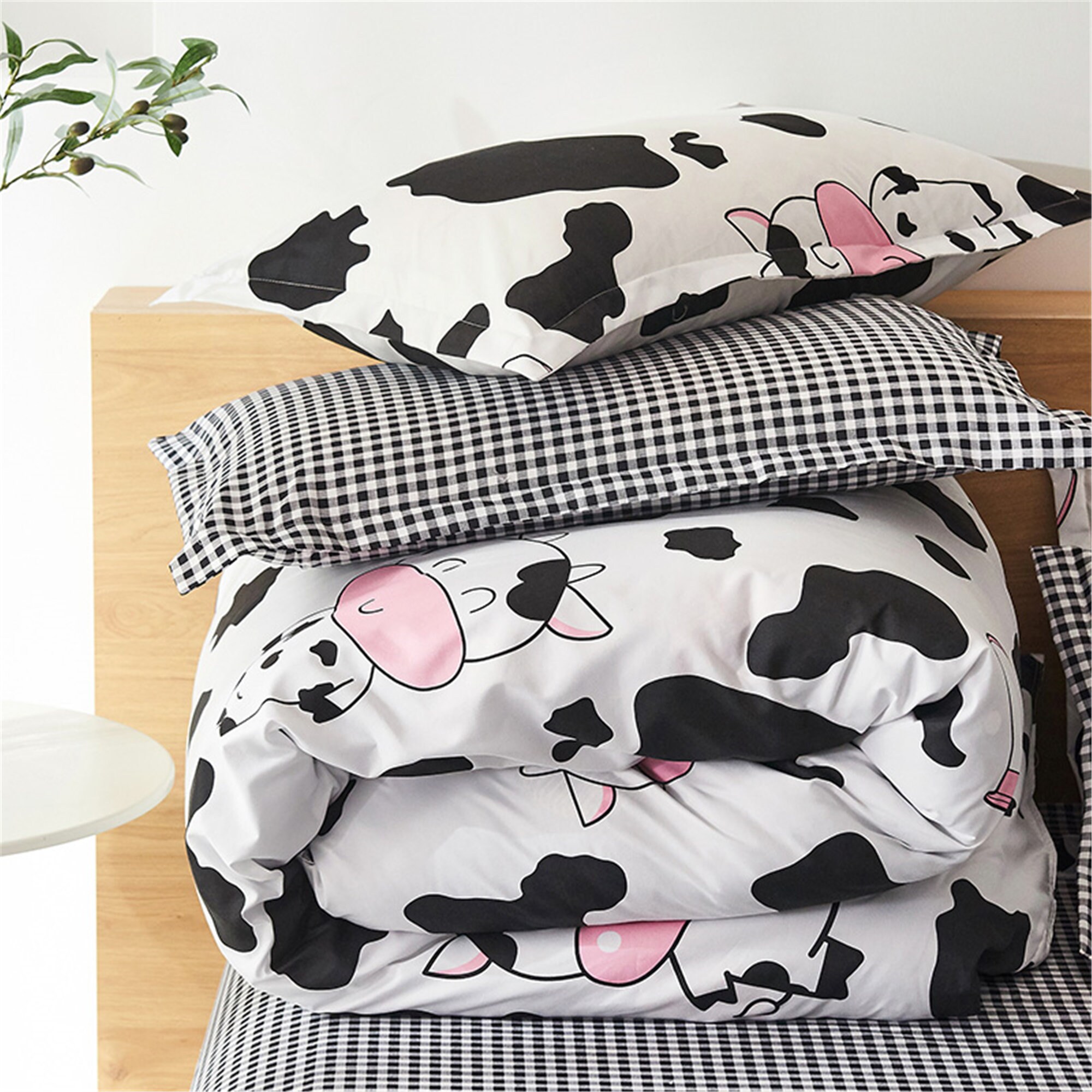 White Cow Print Plaid Duvet Cover Double Side Bedding Set 4Pc Etsy