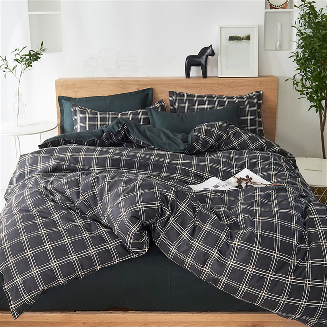 Concise Black Plaid Duvet Cover Set Double Side Bedding Set Etsy
