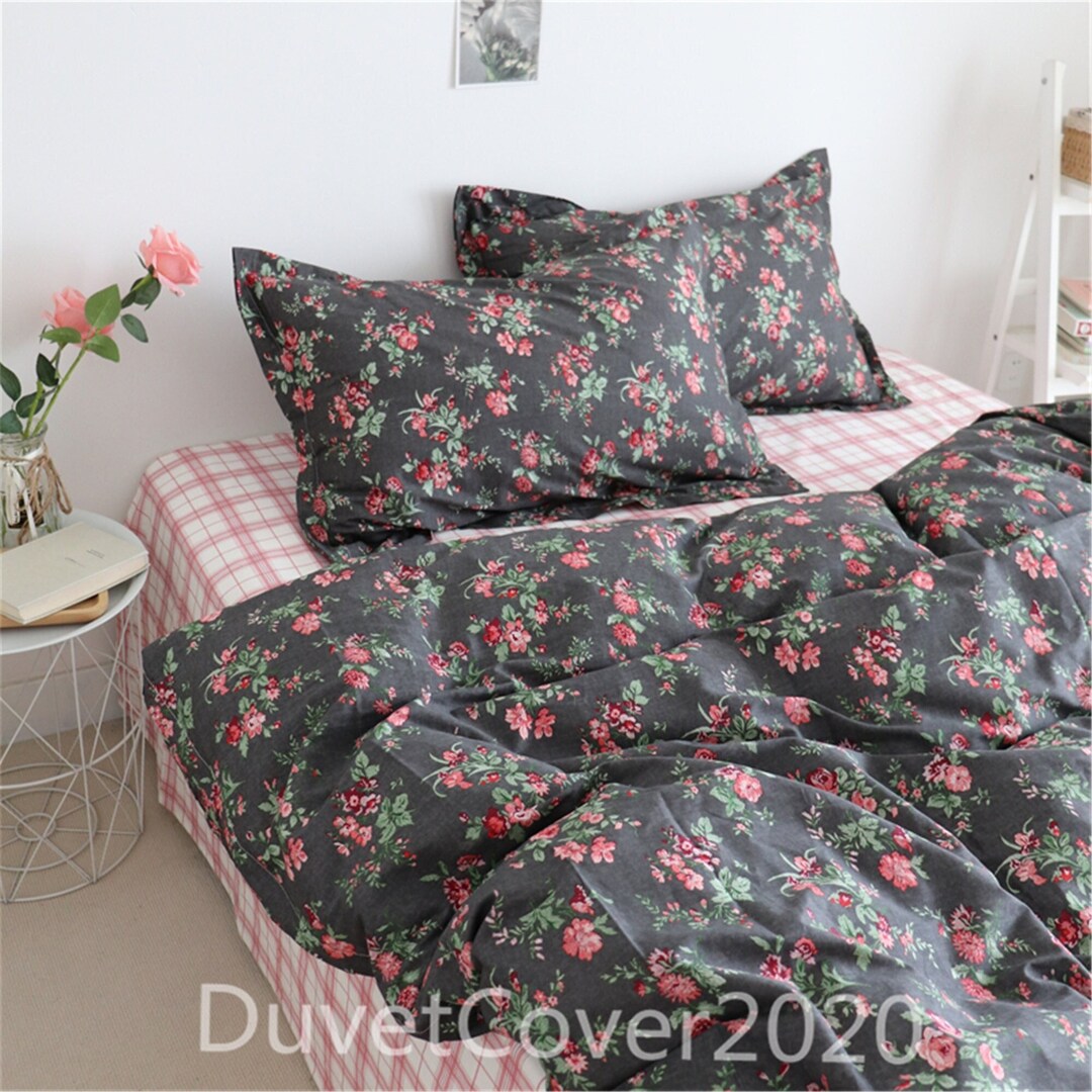 Cotton Black Floral Duvet Cover Queen/twin/full/king,minimalist Cotton