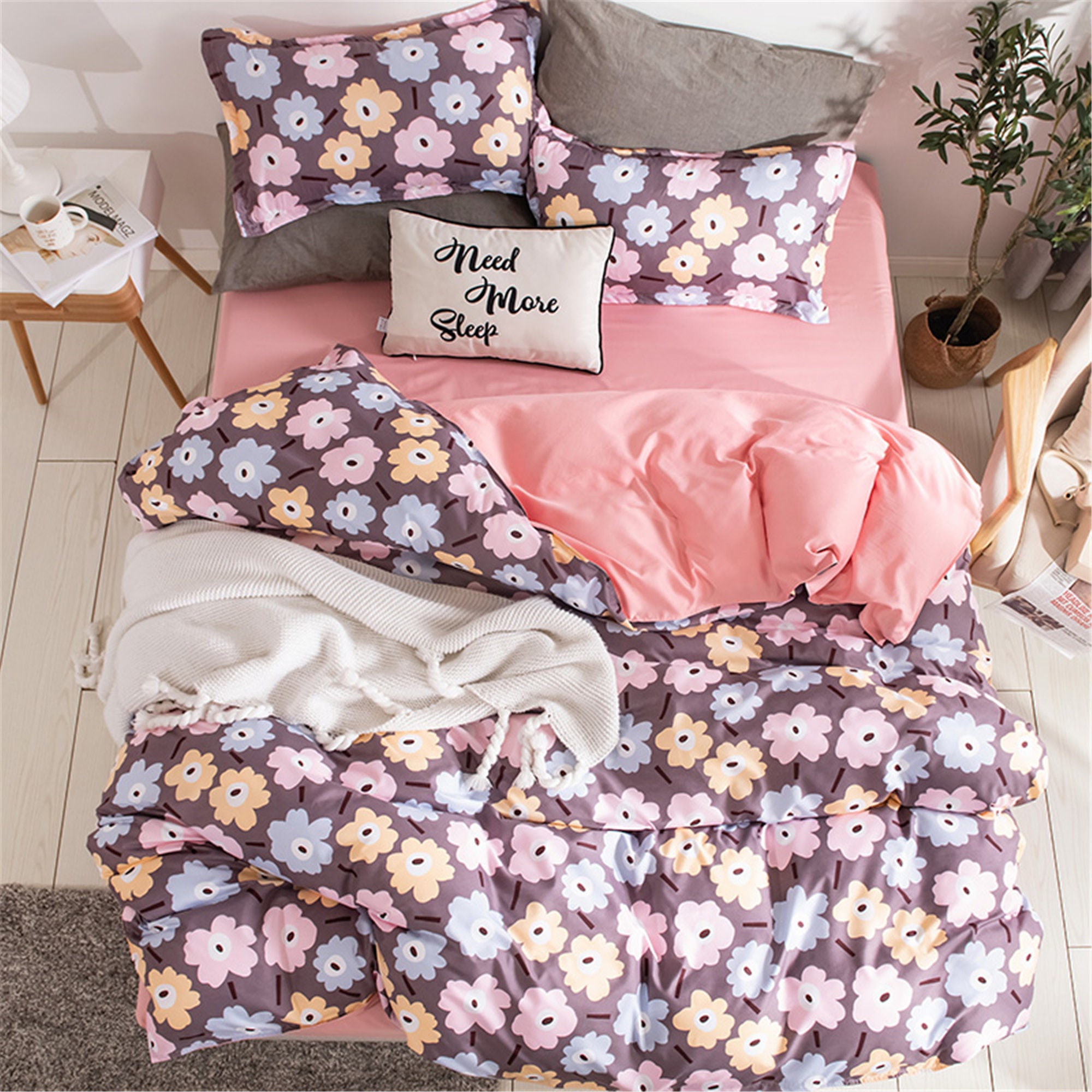 Duvet Cover Set Floral Purple Pink Vintage Bedding Set Queen Etsy