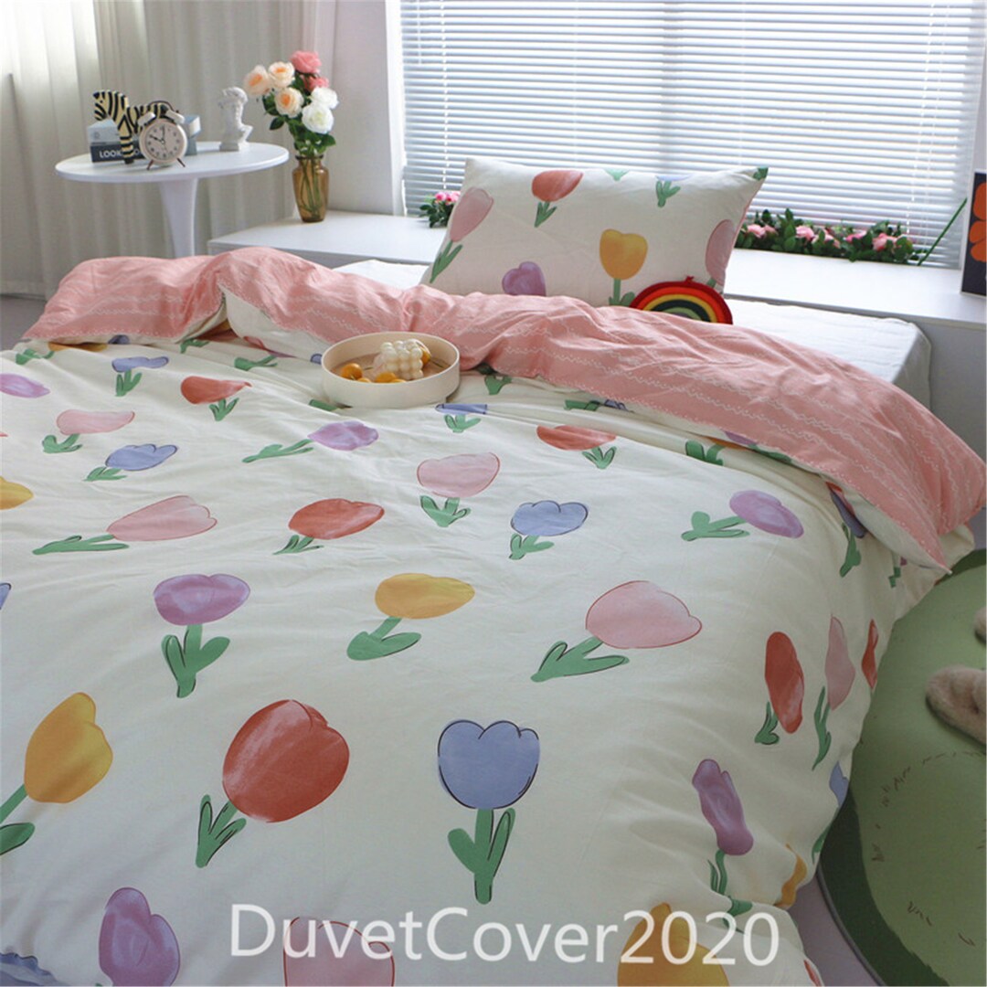 100 Cotton White Floral Pink Striped Duvet Cover Twin Full Queen King