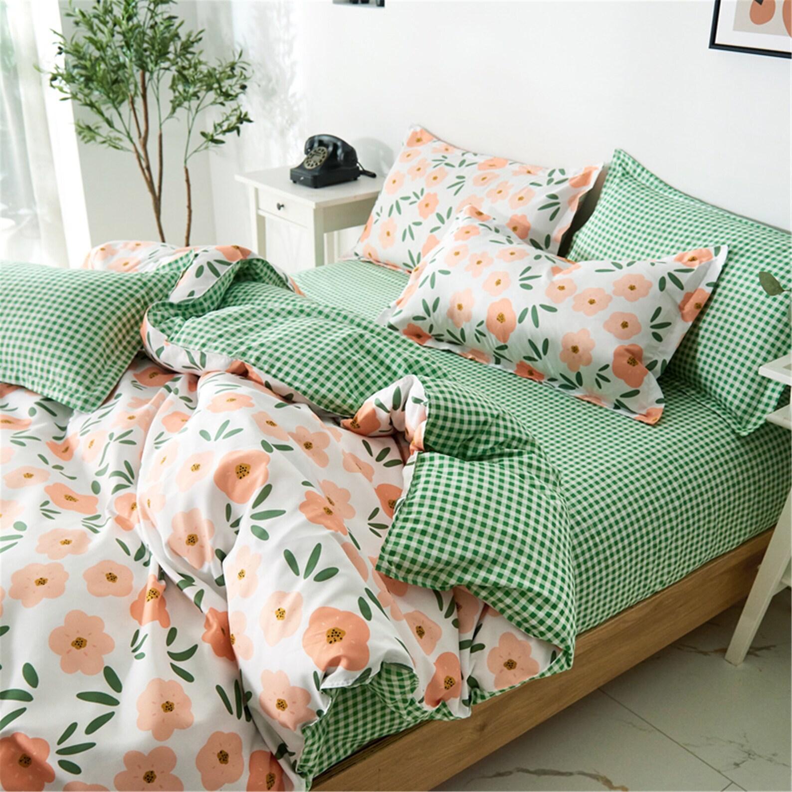 Green Plaid Floral Fresh Duvet Cover Double Side Bedding Set Etsy