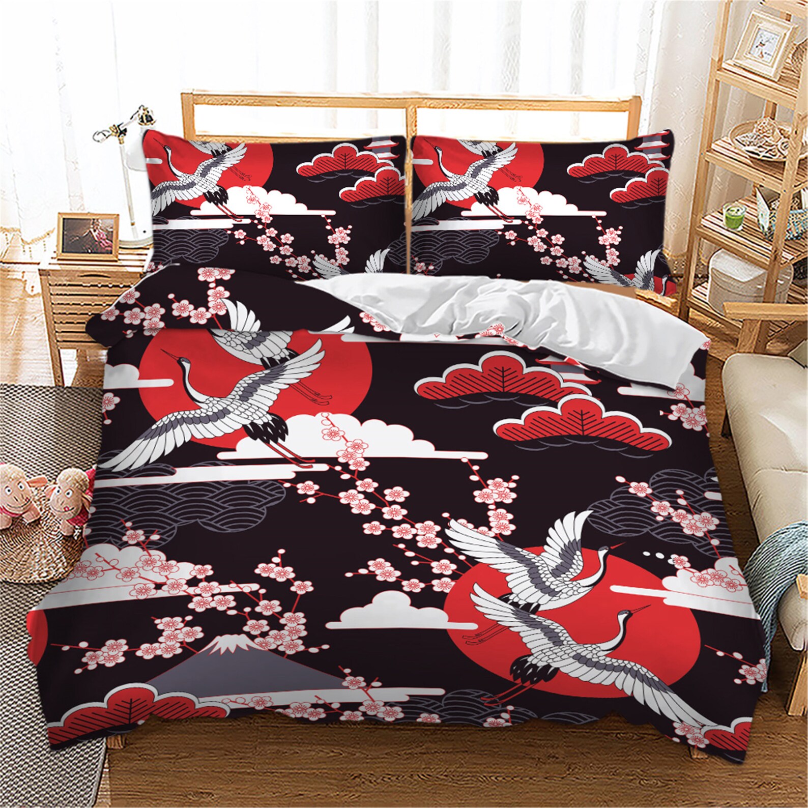 Japanese Duvet Cover Crane Sakura 3D Duvet Cover Queen Twin Etsy