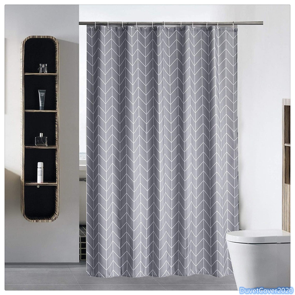 Download Waterproof Bath Curtain Gray/Striped Shower Curtain Mockup ...