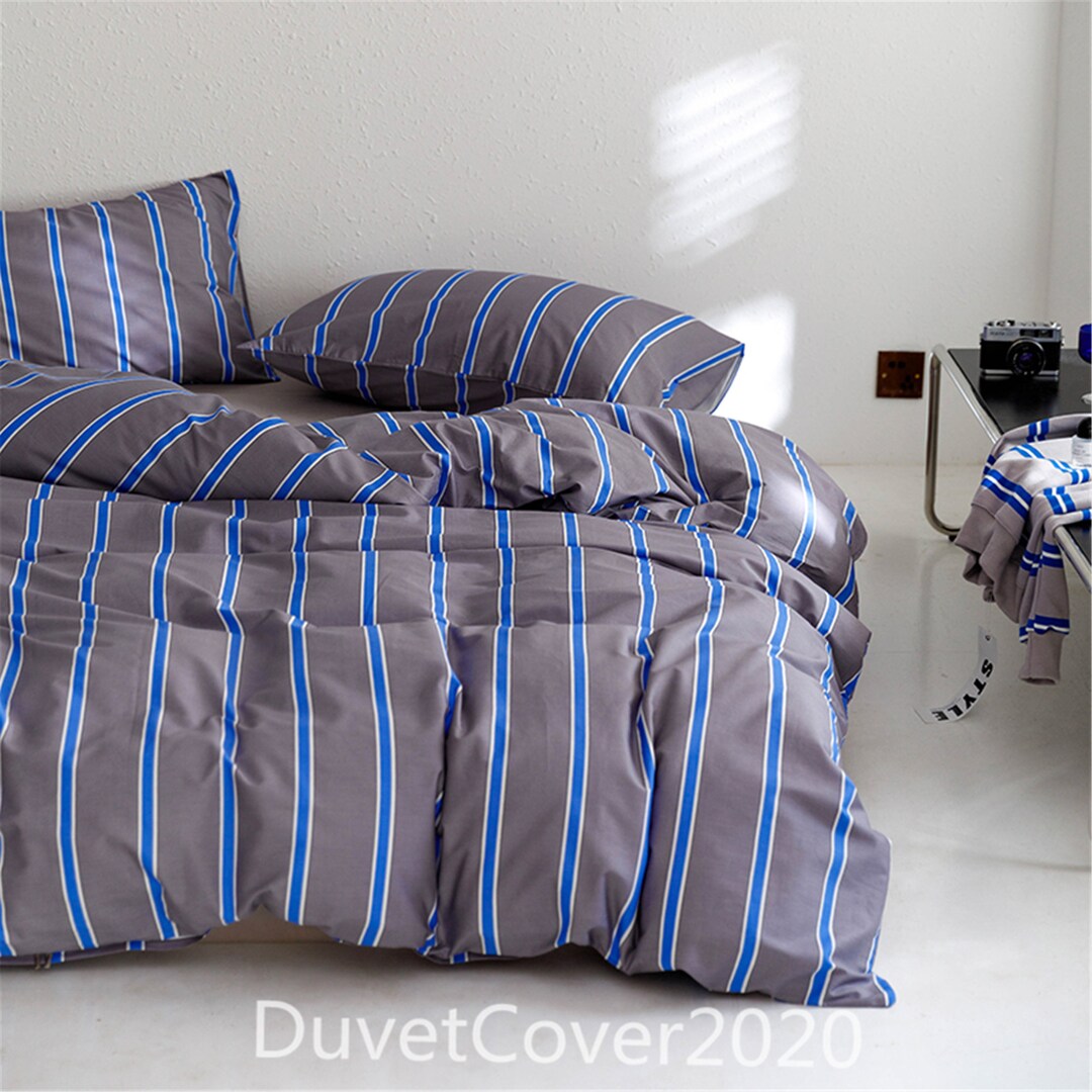 Minimalist Cotton Gray Blue Striped Duvet Cover Full Queen,100 Cotton