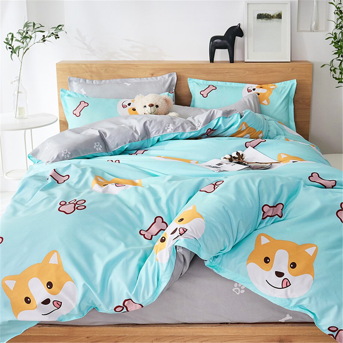 Double Side Sky Blue Dog Print Duvet Cover Lovely Bedding Set Etsy