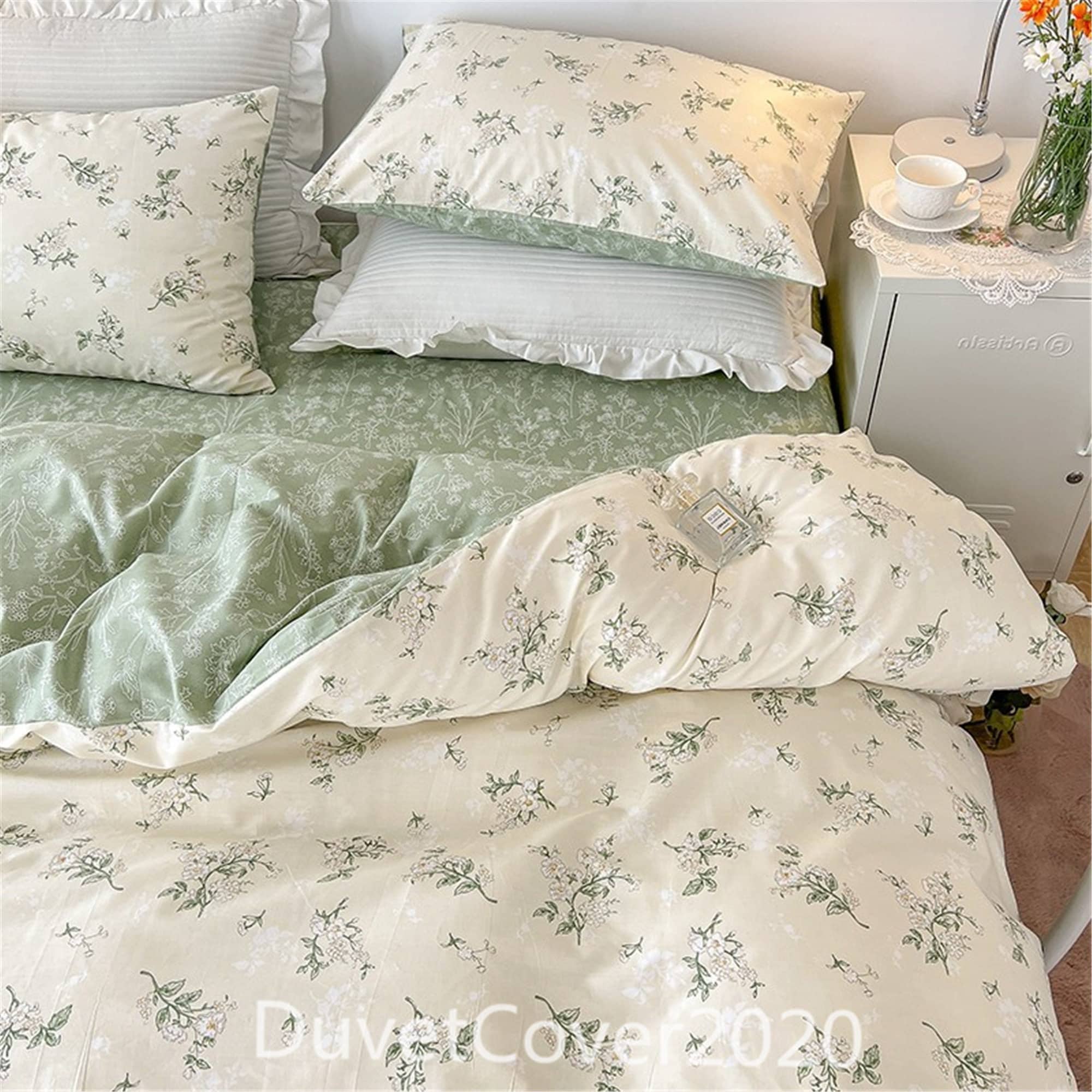 Customize Size Beige/green Floral Duvet Cover Queen/twin/full/king,100%  Cotton Duvet Covers,dorm Cotton Bedding Set,quilt Covers,shame Cover -   Sweden