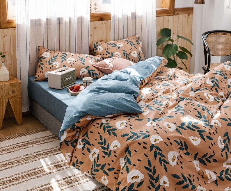 Orange Blue Floral Duvet Cover Set Cotton Soft Skinfriendly Etsy