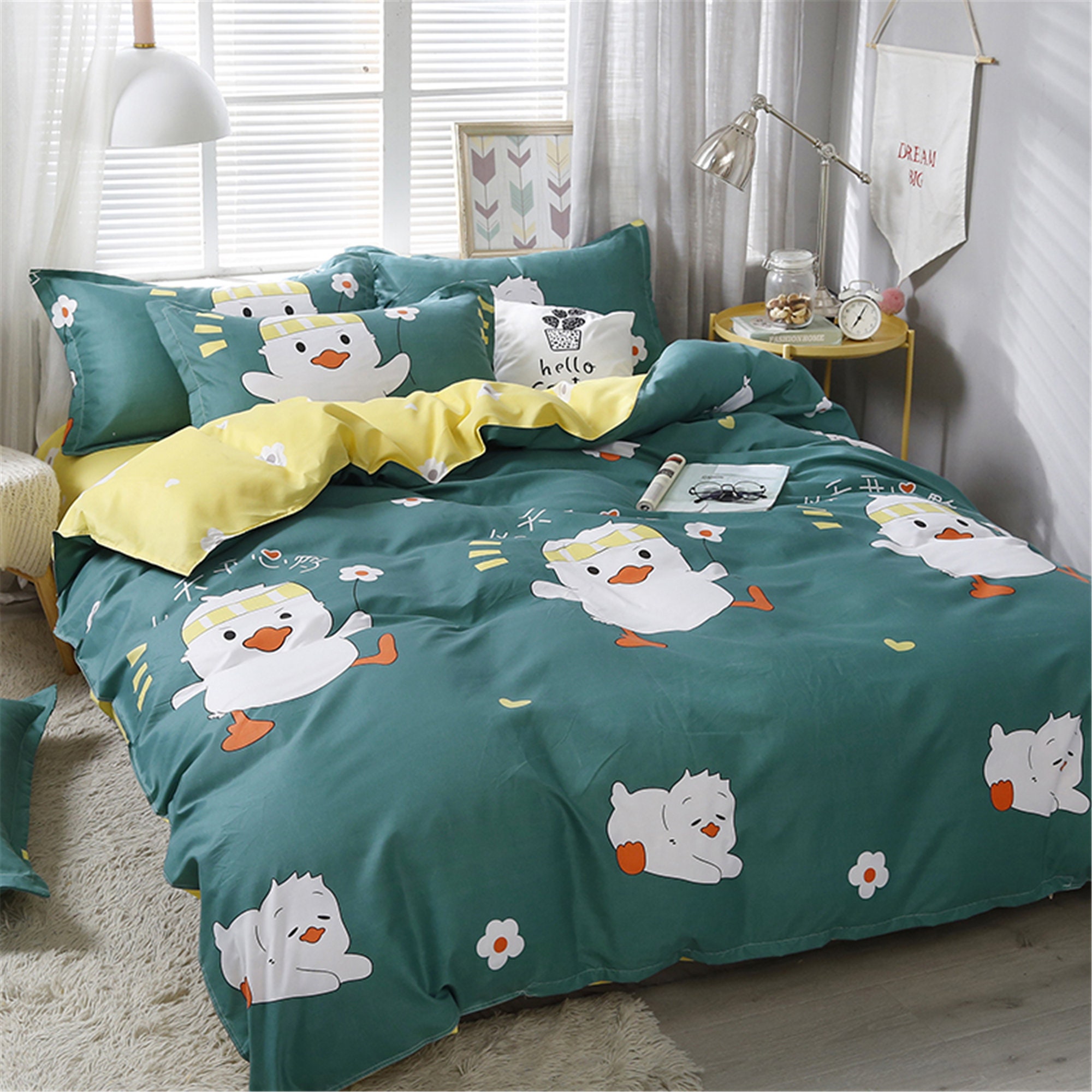 Ducks Print Duvet Cover Green Fresh Bedding Set Queen King Etsy