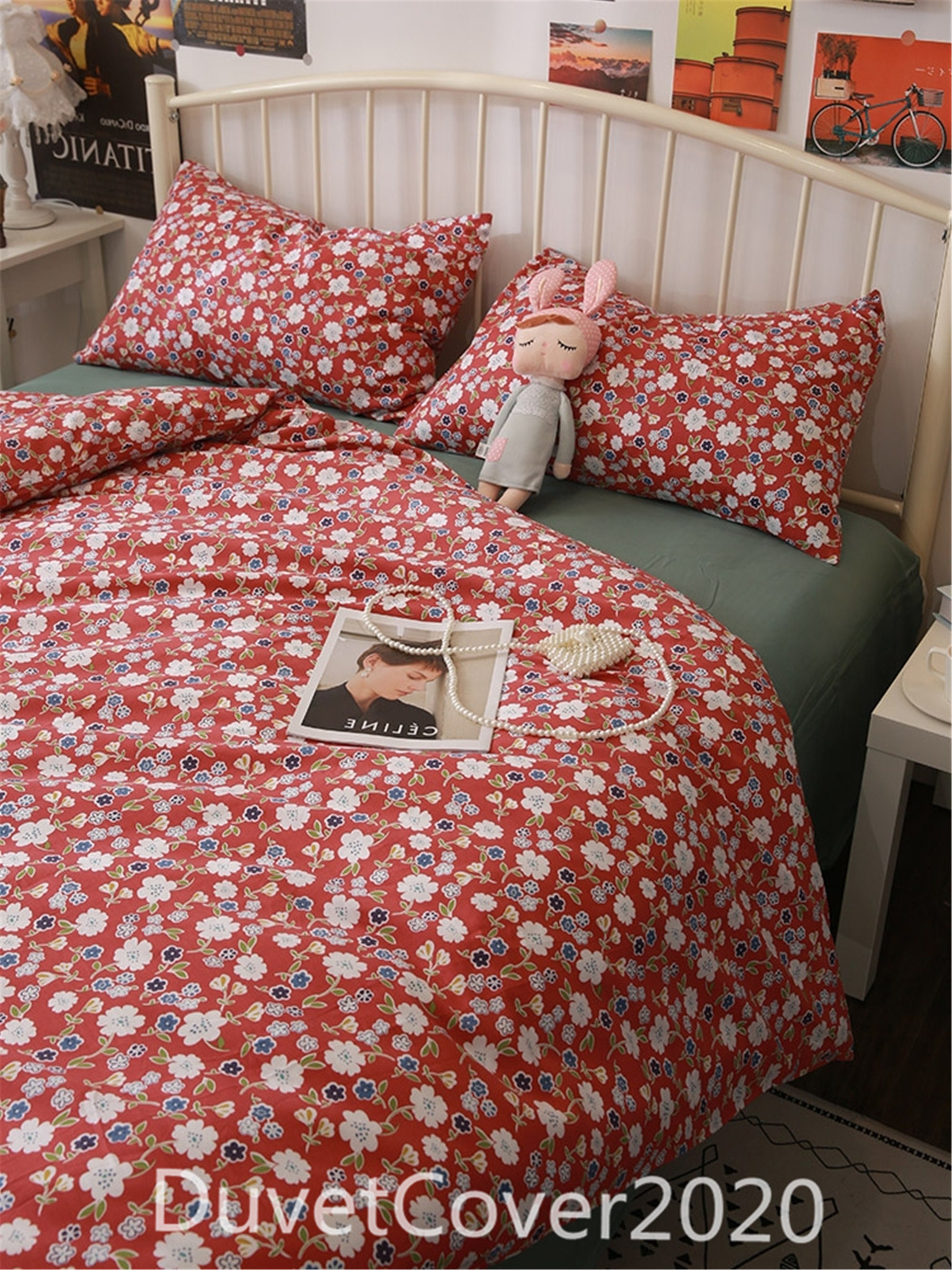 Dark Red Cotton Floral Duvet Cover Queen/full Dorm Bedding Set Etsy