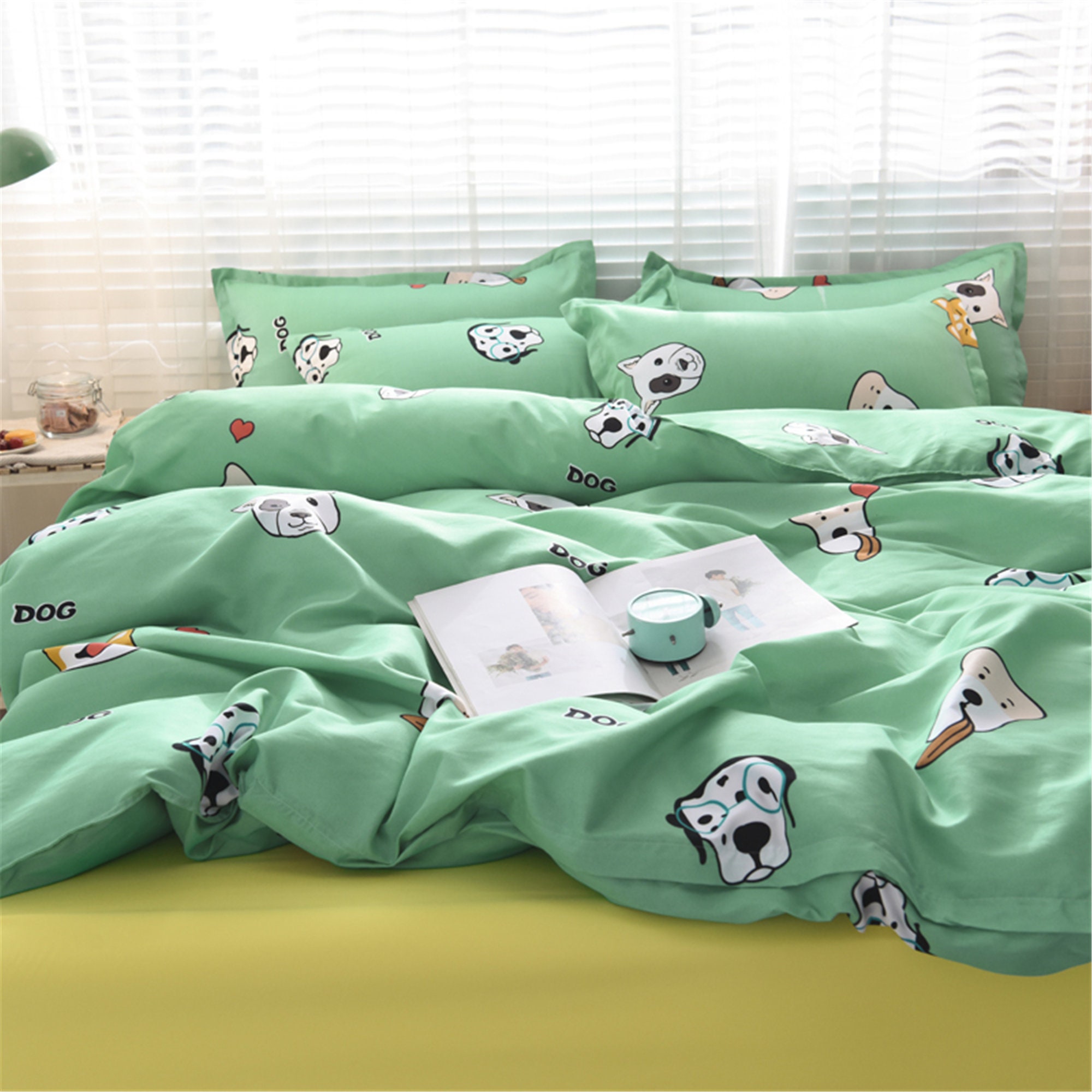 Fresh Cute Dog Print Duvet Cover Green Soft Duvet Cover Queen Etsy