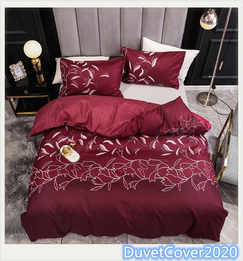 Wine Red Floral Duvet Cover King Queen Twin Duvet Covers Etsy