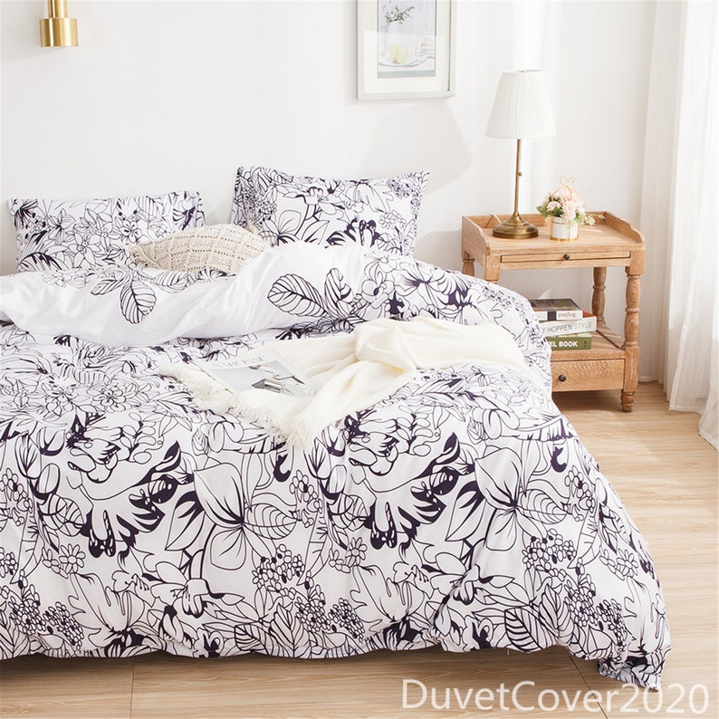 Duvet Cover White Navy Floralduvet Cover Queen Twin Etsy