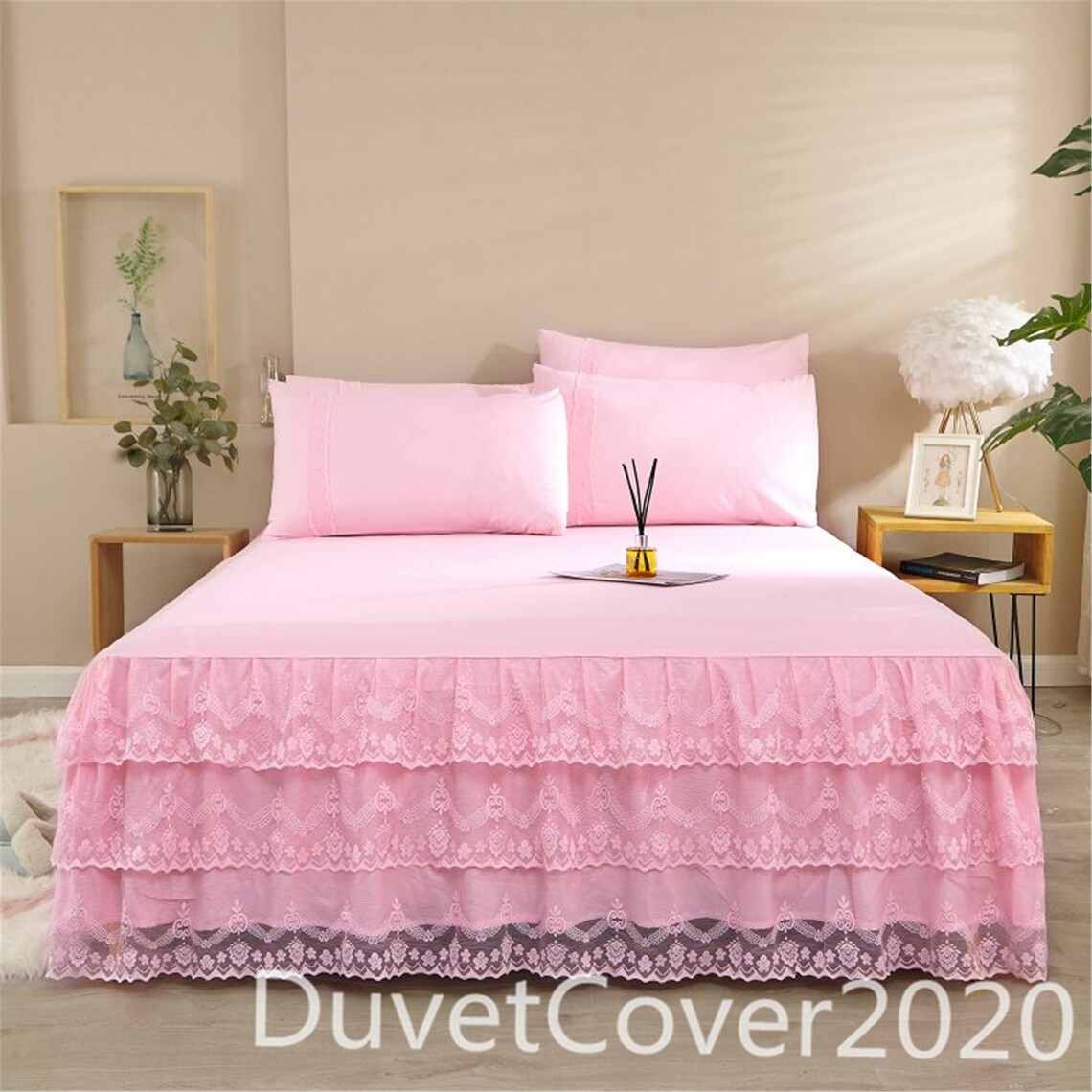 Lovely Solid Pink Bed Skirt Queenlace Bed Skirtsbedskirts Etsy