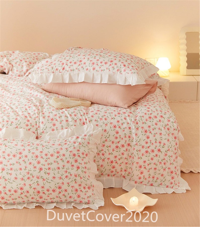 100 Cotton White Pink Floral Duvet Cover Full/queen With Etsy