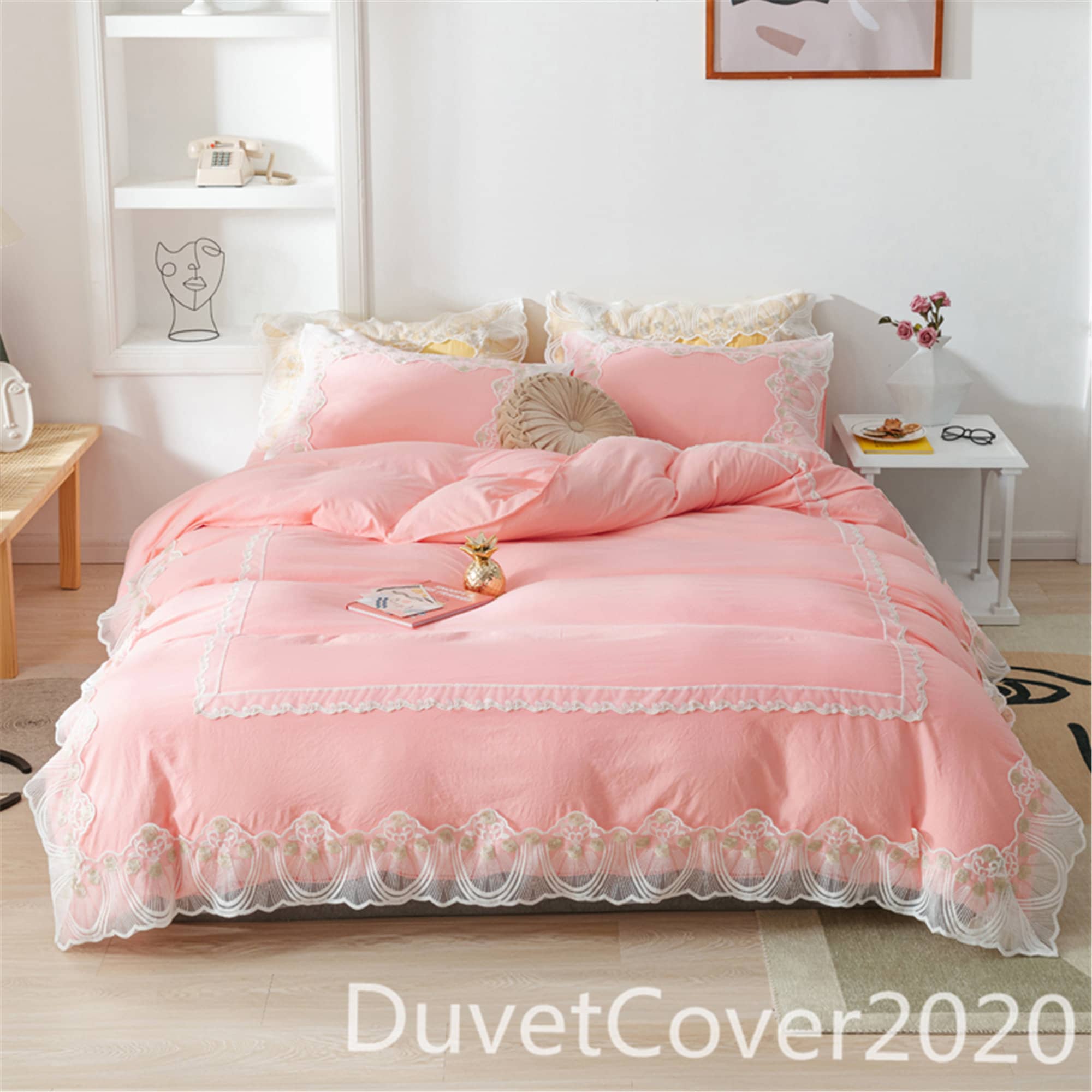 Lovely Bright Pink Duvet Cover Full With Lace Decorduvet Etsy