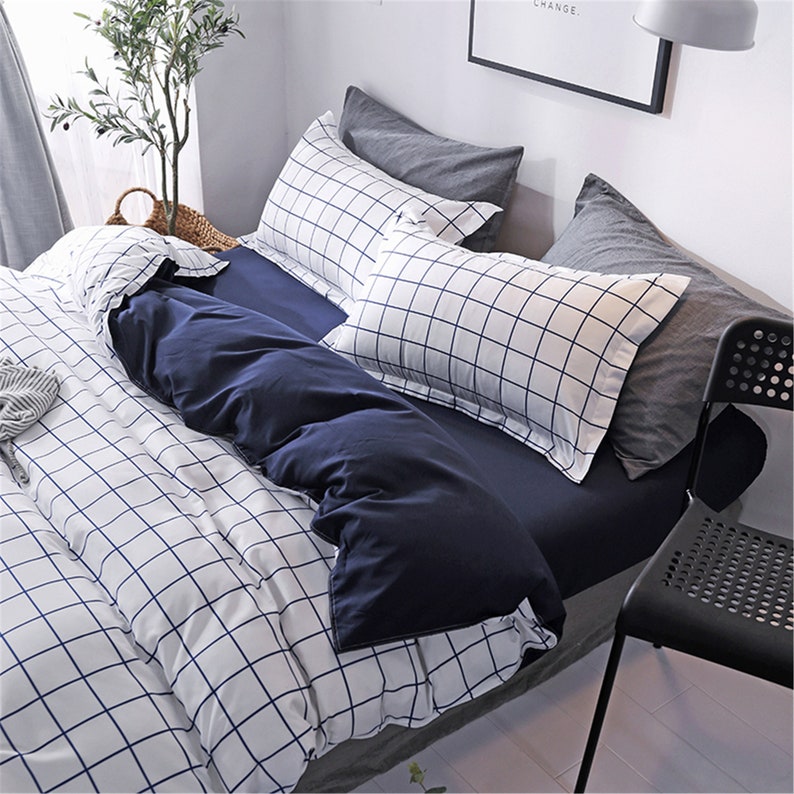 Navy Dark Blue Plaid Duvet Cover Queen Twin US Bedding Set Etsy