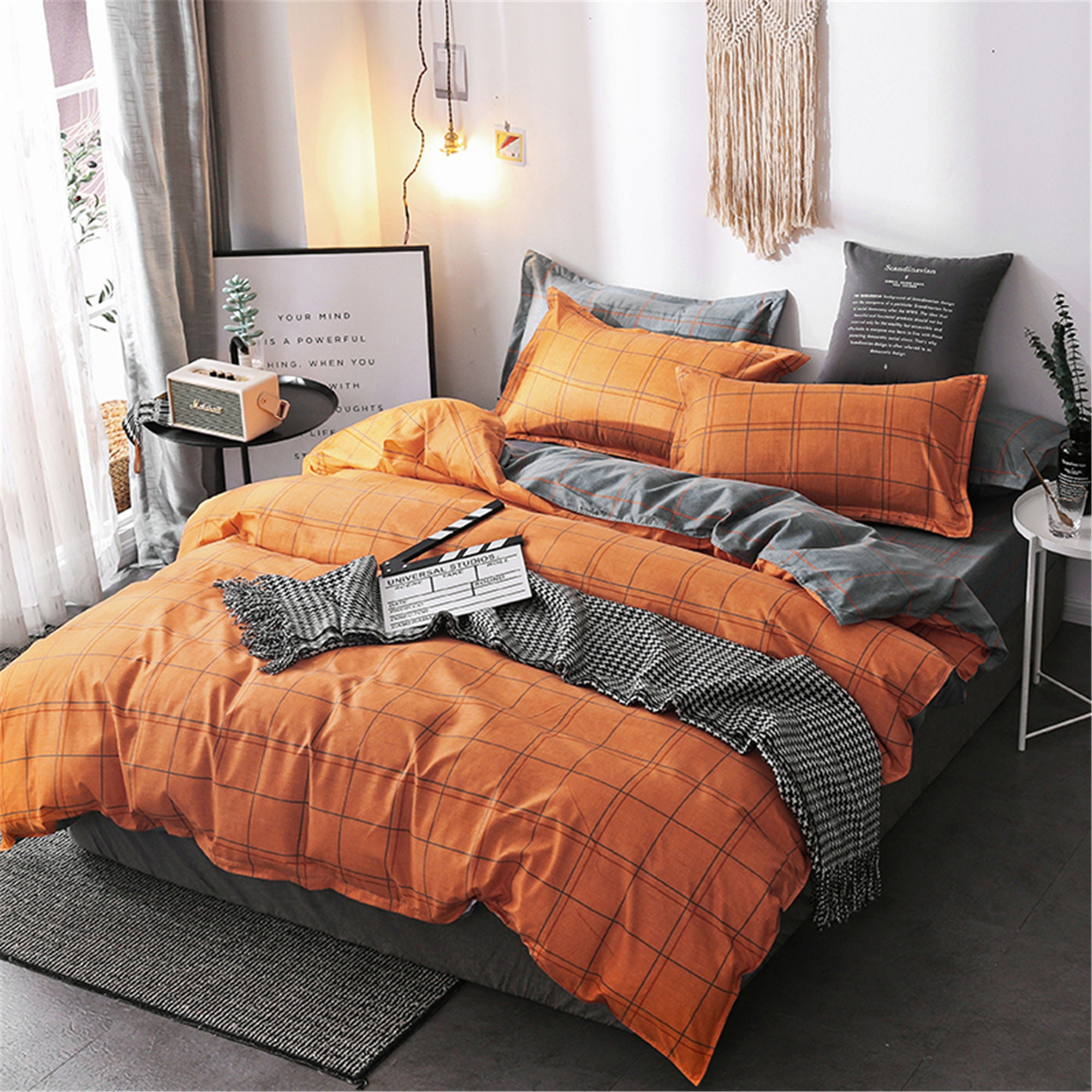 Duvet Cover Queen Twin Orange Plaid Bedding Set Kids Teen Etsy