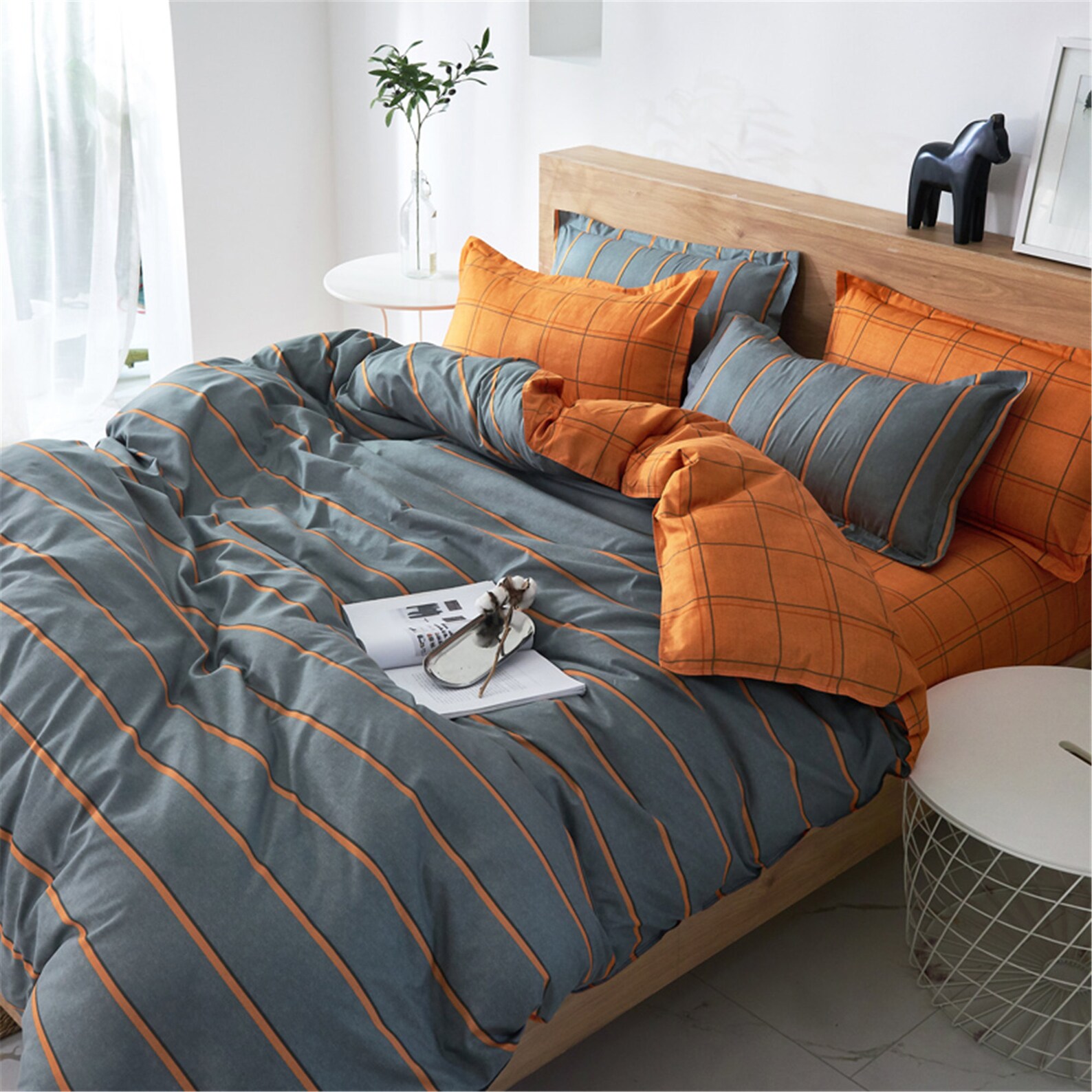 Gray Striped Orange Double Side Duvet Cover Set Bedding Set Etsy