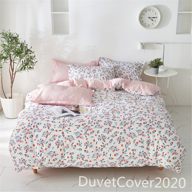Pink White Floral Duvet Cover Queen Twin Single Doublebedding Etsy