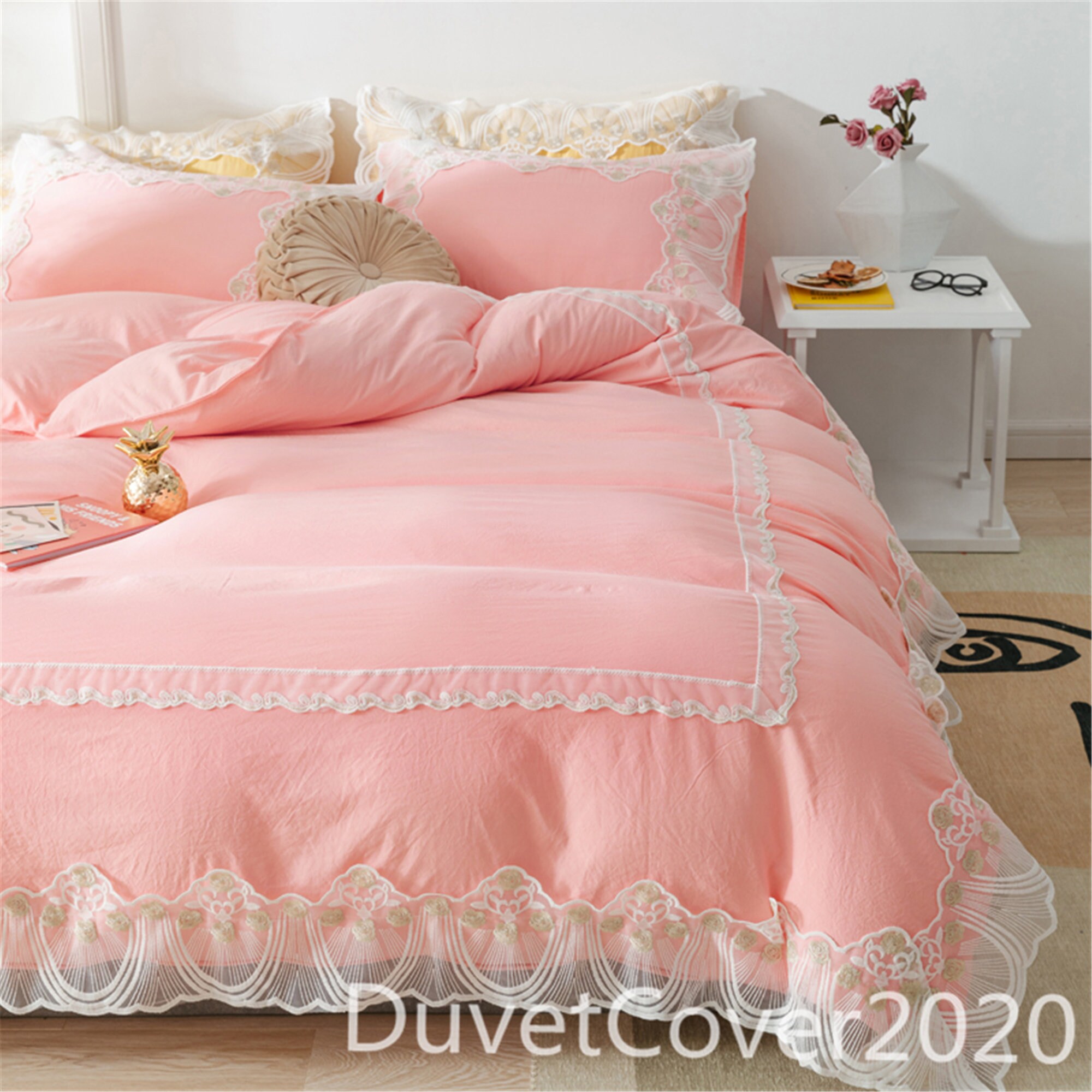 Lovely Bright Pink Duvet Cover Full With Lace Decorduvet Etsy