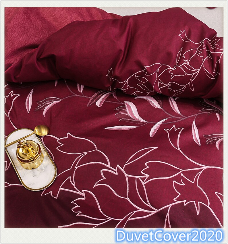 Wine Red Floral Duvet Cover King Queen Twin Duvet Covers Etsy