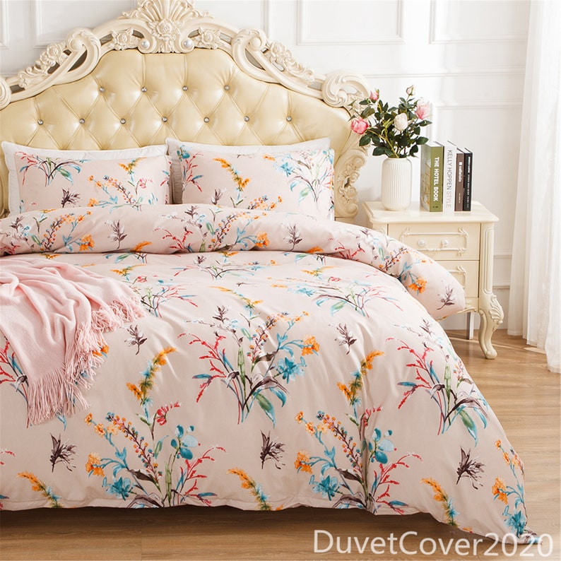 Light Pink Floral Duvet Cover Queen Twin King Bedding Set Etsy